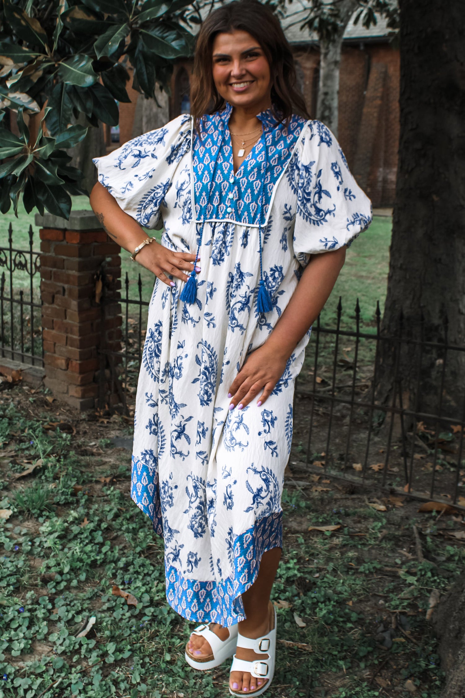 Sky Blue Boho Abstract Print Tassel Tie Maxi Dress