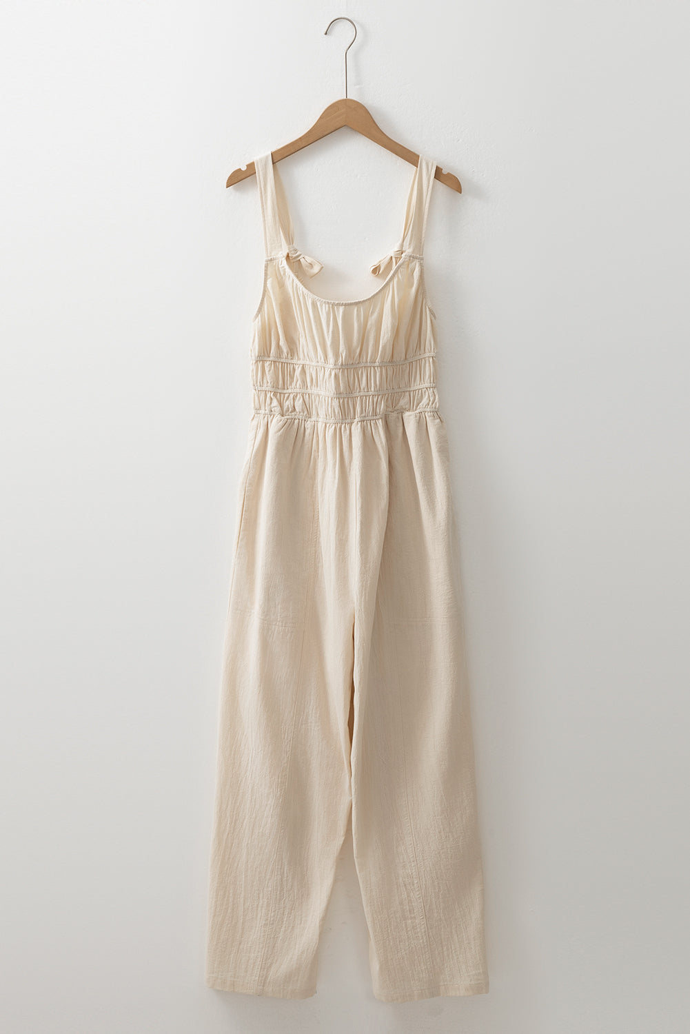 Beige Ruched High Waist Sleeveless Wide Leg Jumpsuit eAura