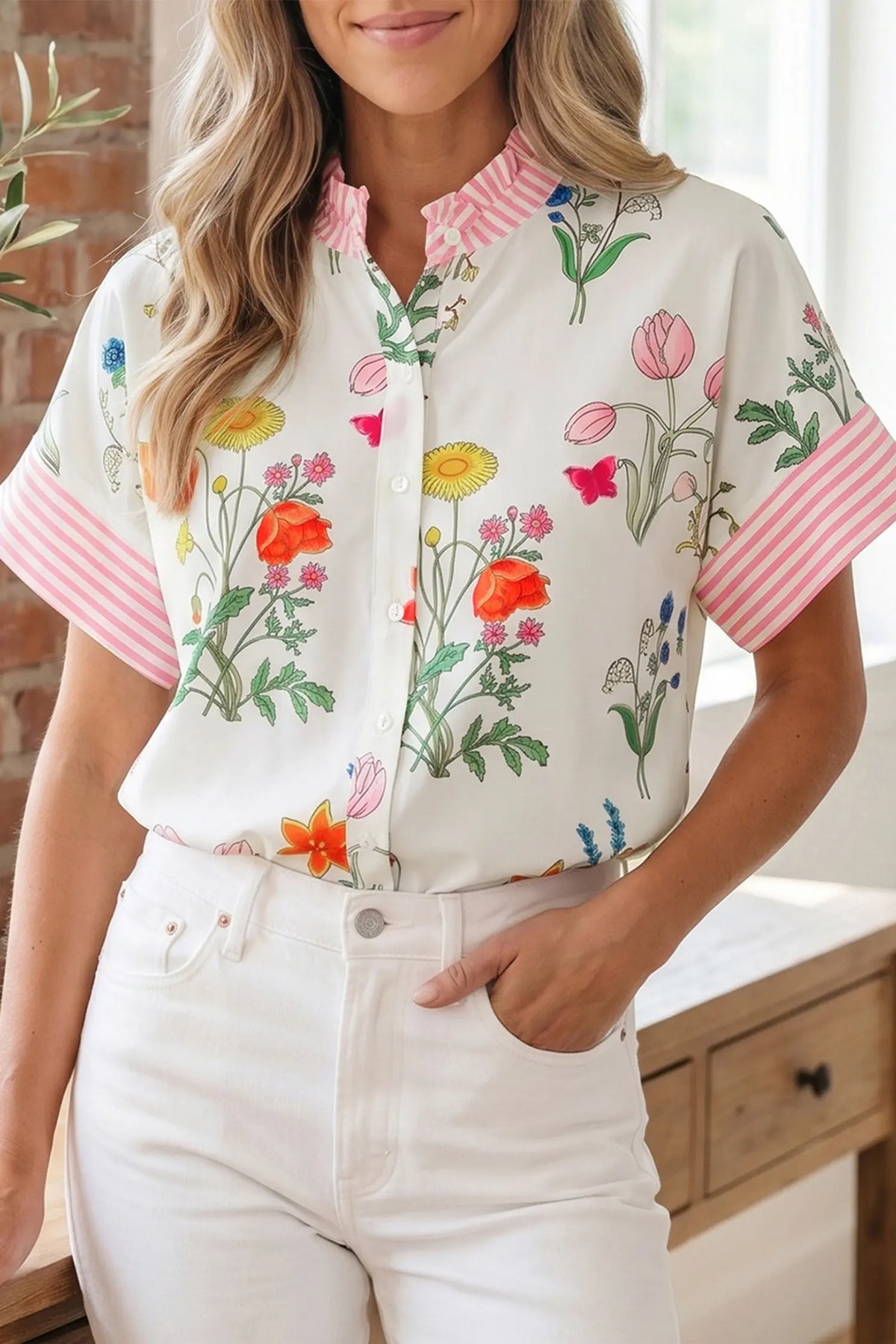 Floral Striped Patchwork Ruffled Collar Short Sleeve Shirt – Beige