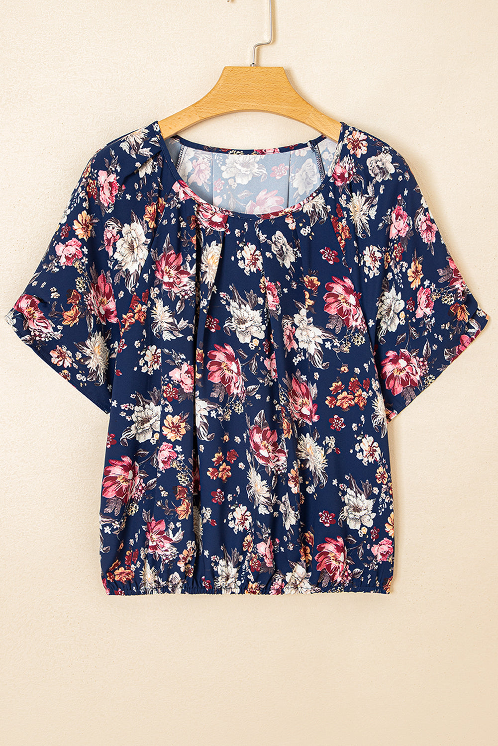 Blue Floral Short Sleeve Scoop Neck Casual Blouse eAura