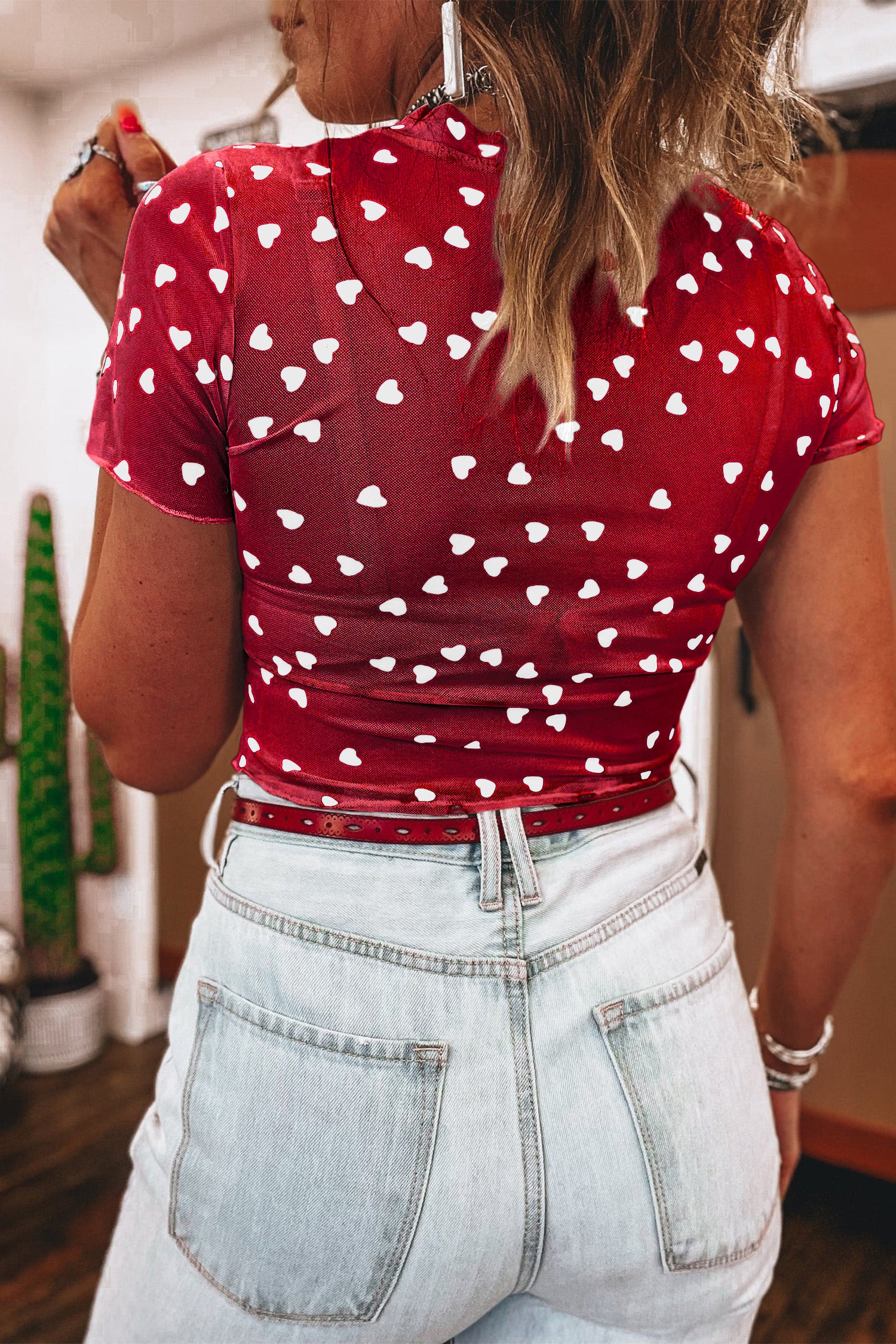 Heart Print Mesh Short Sleeve Cropped Top - Tops/Tops & Tees