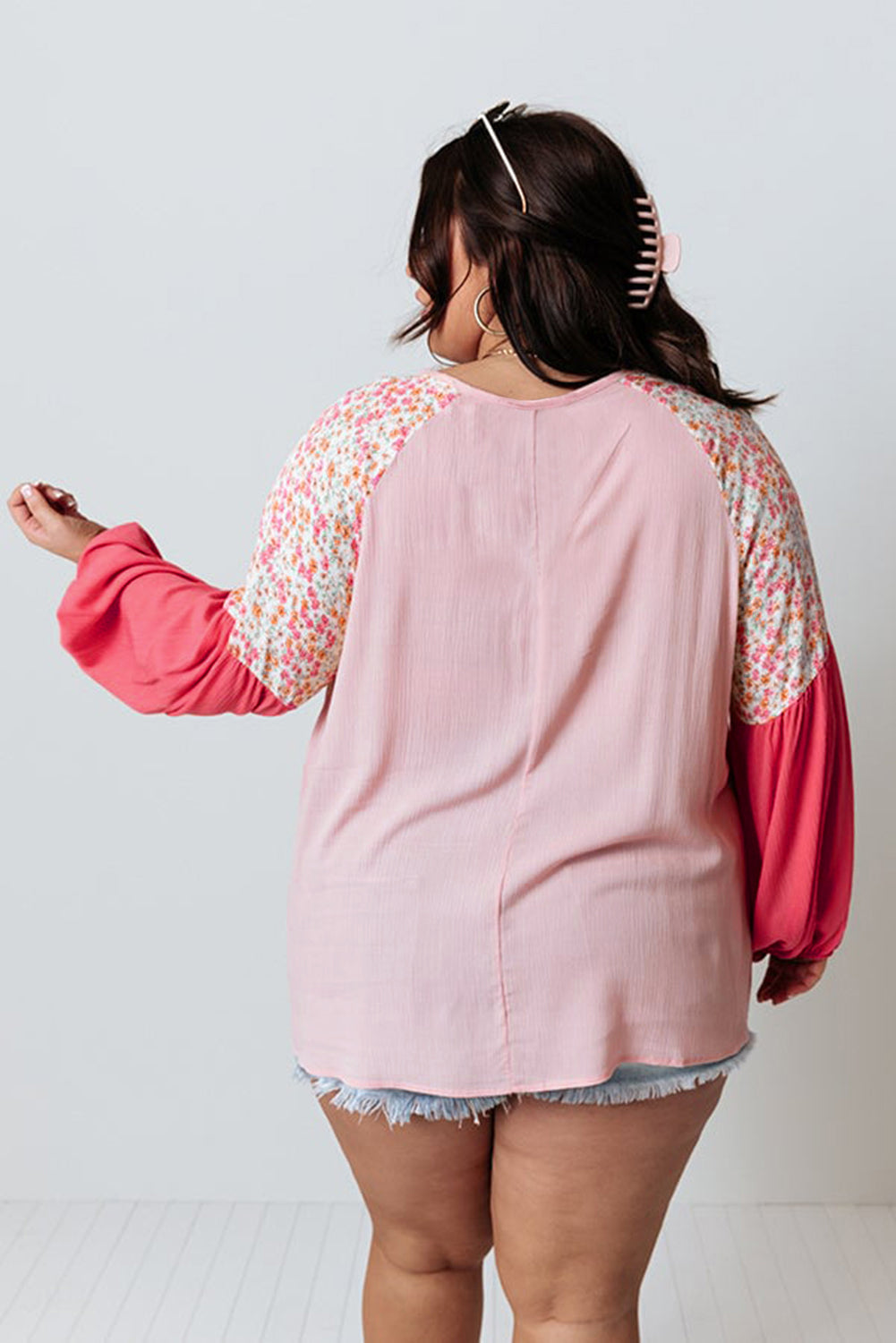 Pink Contrast Floral Patchwork Long Sleeve Plus Size Blouse BB Fashion Outlet
