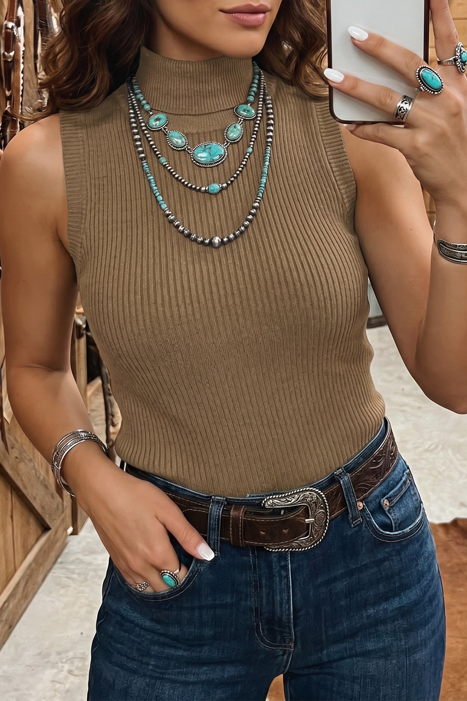 Western Ribbed Knit High Neck Sleeveless Waist Slim Fit Sweater Vest – Light French Beige