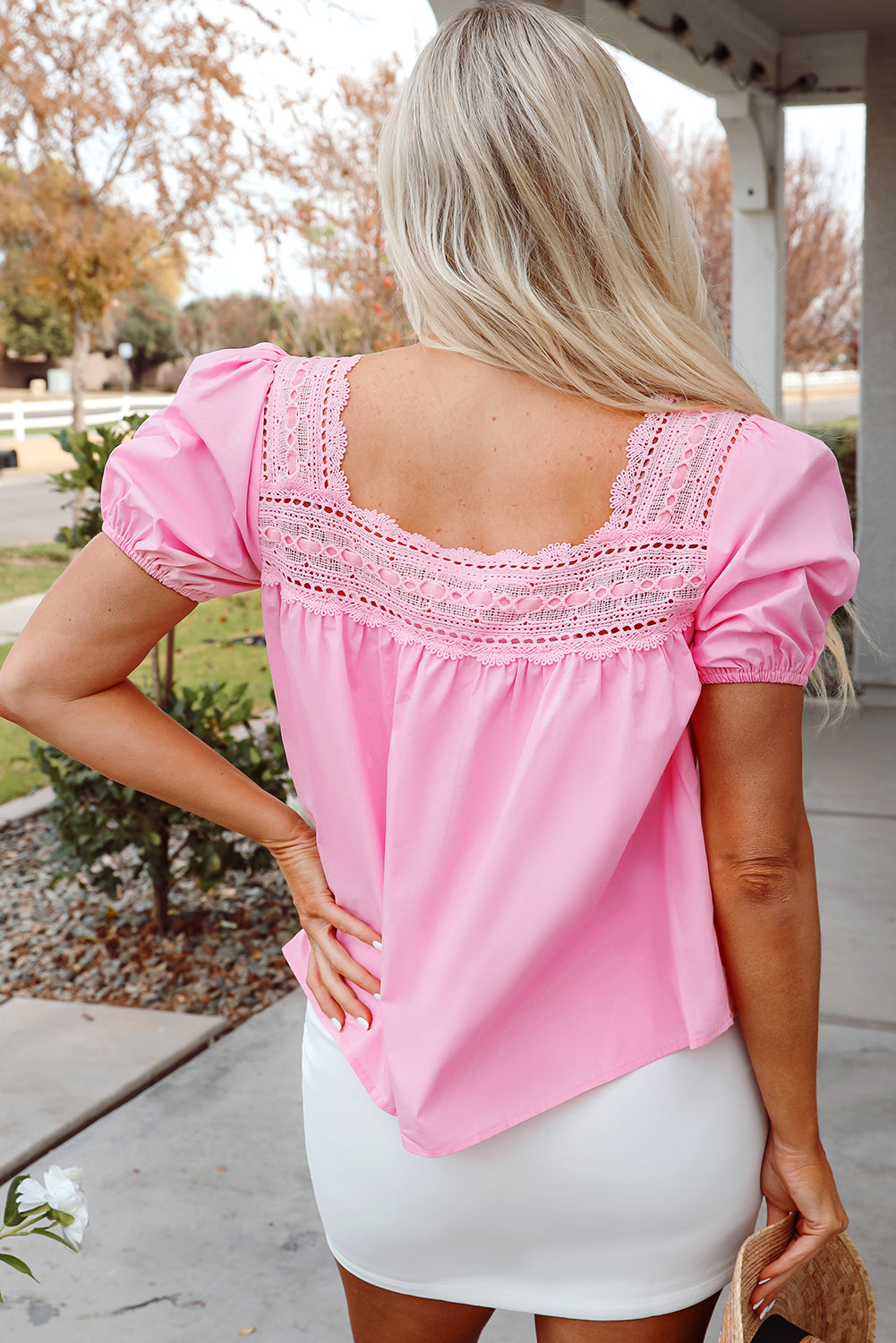 Light Pink Lace Square Neck Patchwork Puff Sleeve Blouse eAura
