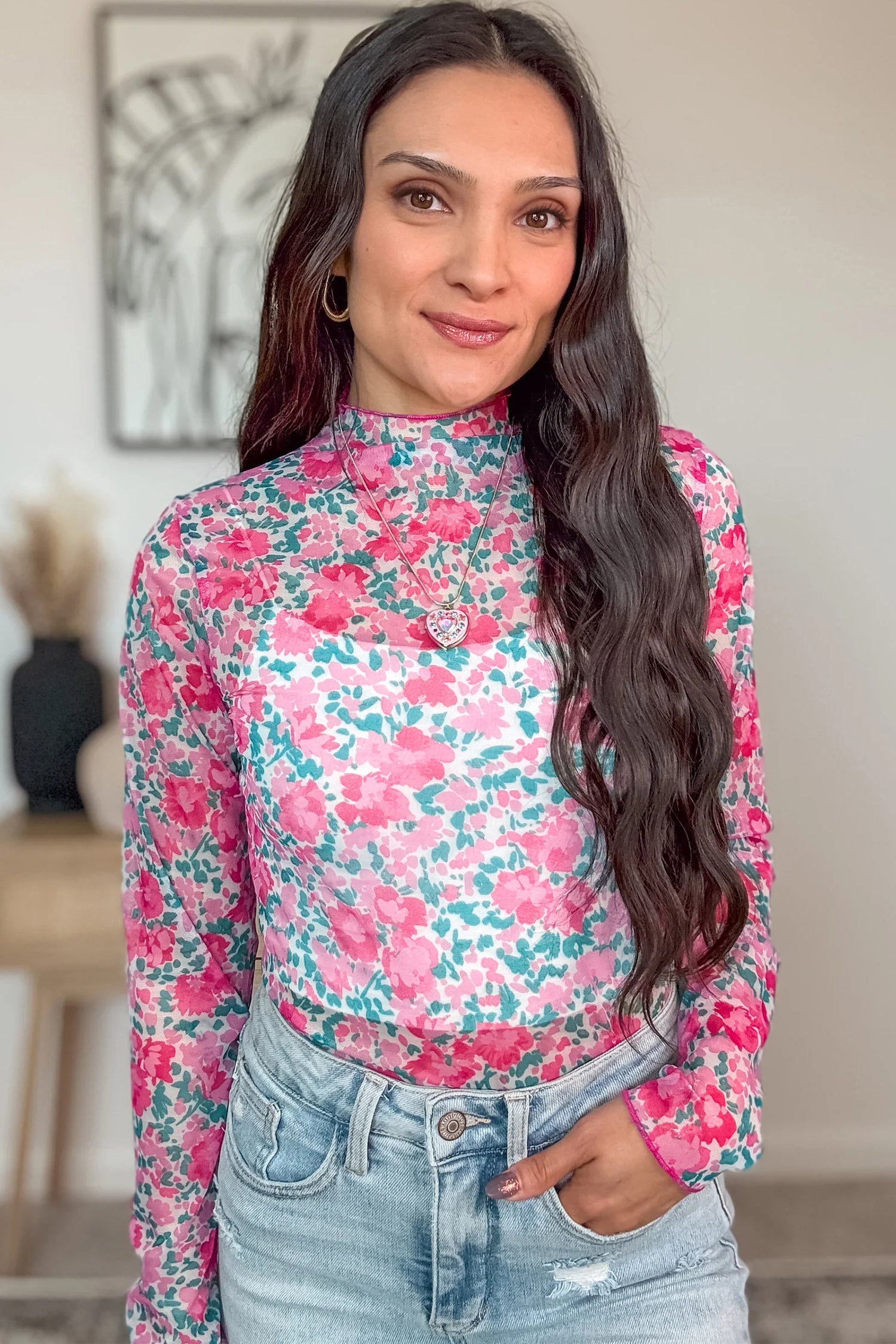 Slim Fit Floral Mesh Long Sleeve Mock Neck Top - eAura