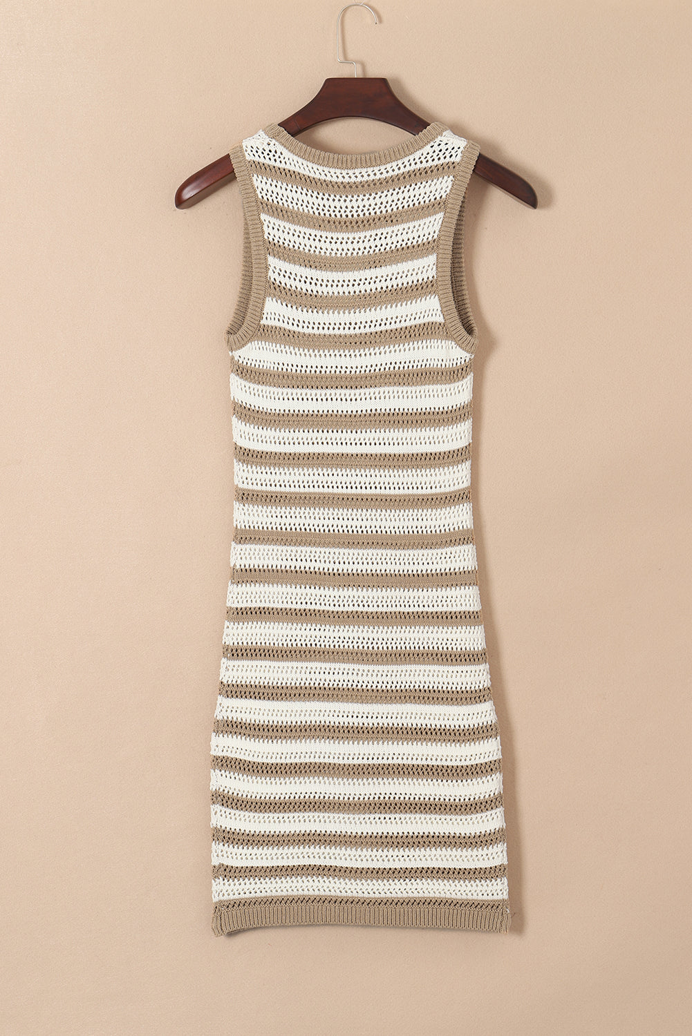 Khaki Stripe Hollowed Knit Sleeveless Sweater Dress eAura