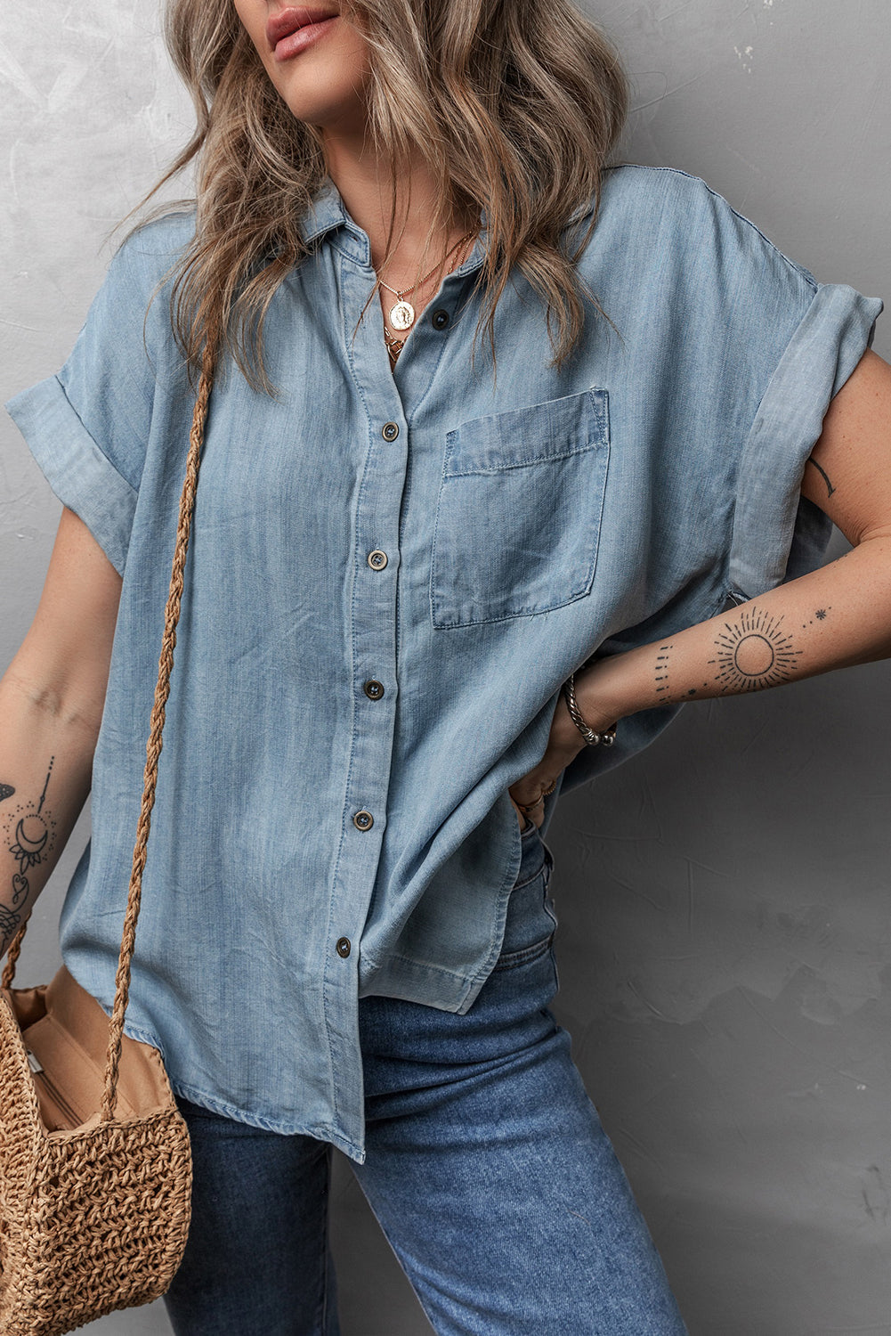 Dusk Blue Folded Short Sleeve Patched Pocket Denim Shirt eAura