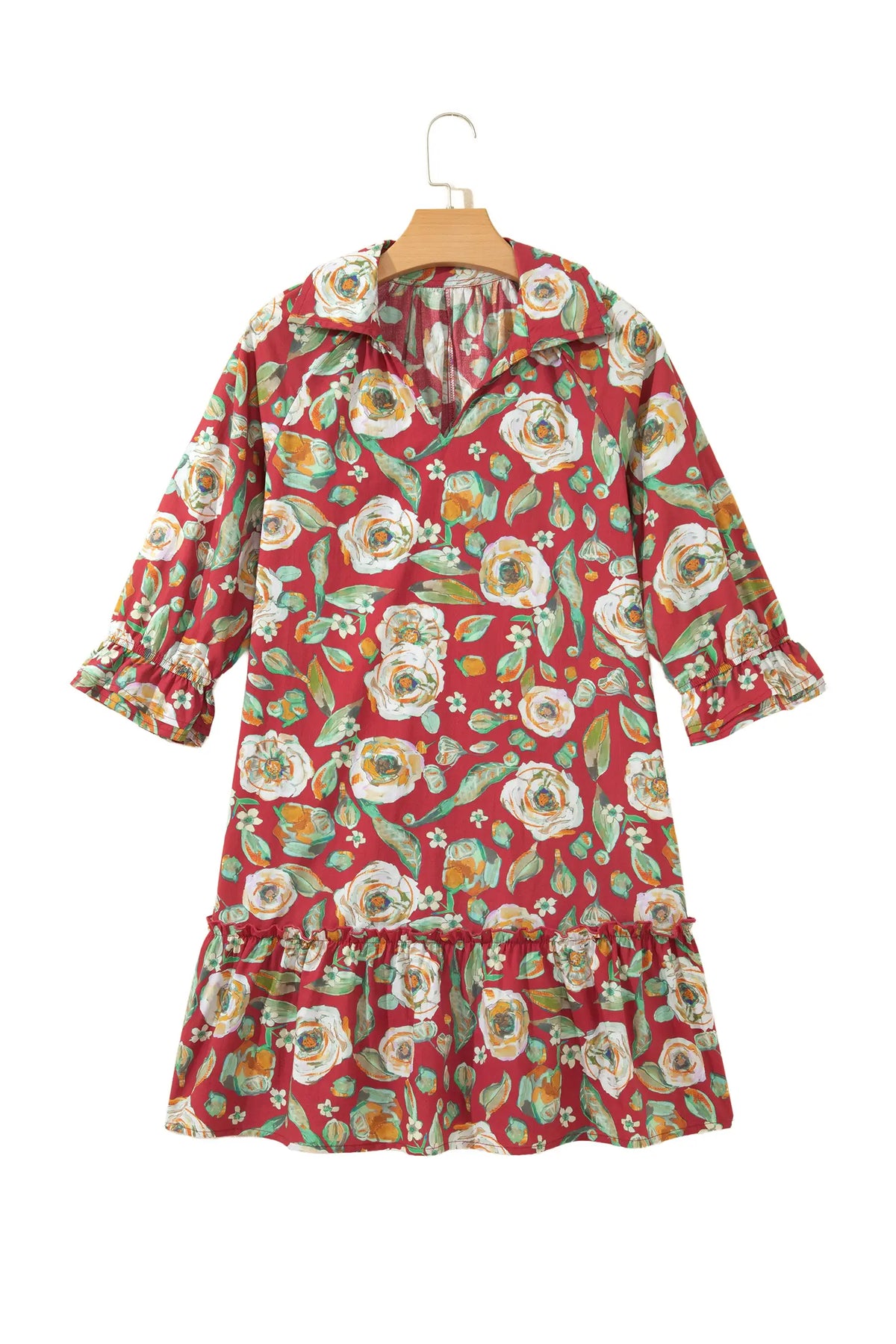 Floral Print Half Sleeve Short Shift Dress – Red