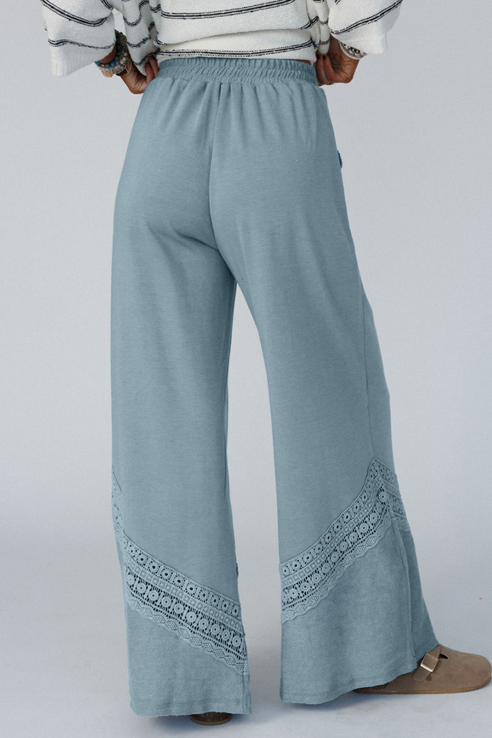 Dusk Blue Lace Crochet Patched Lace-up High Waist Wide Leg Trousers BB Fashion Outlet