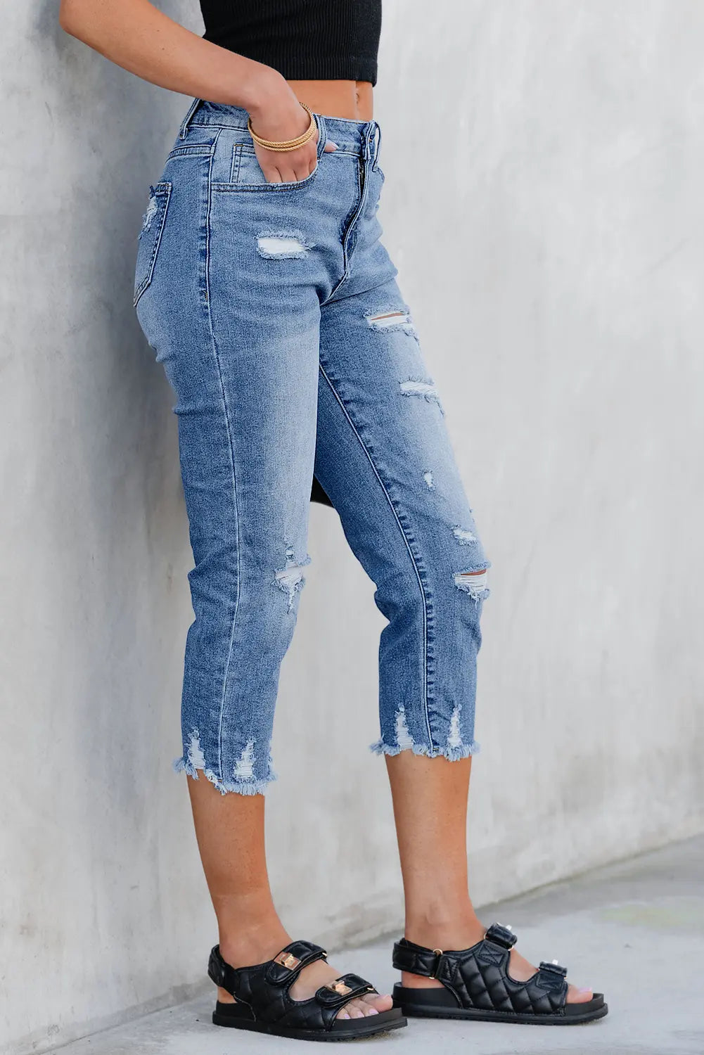 Sky Blue Skinny Distressed Capri Jeans