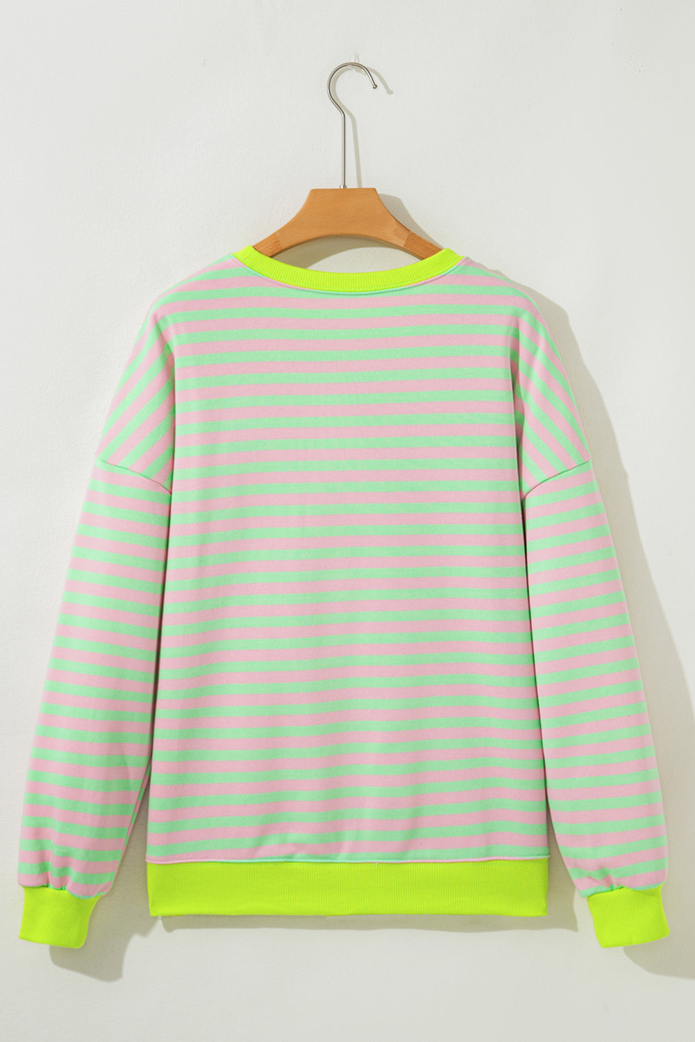 Striped Contrast Ribbed Trim Crossed Stitch Drop Shoulder Sweatshirt - eAura