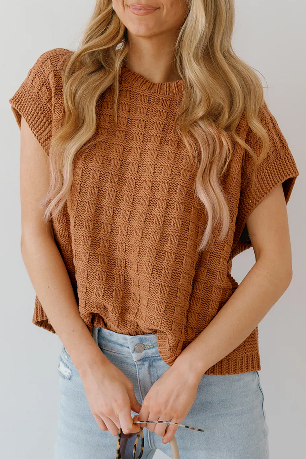 Camel Round Neck Textured Knit Sweater Vest eAura