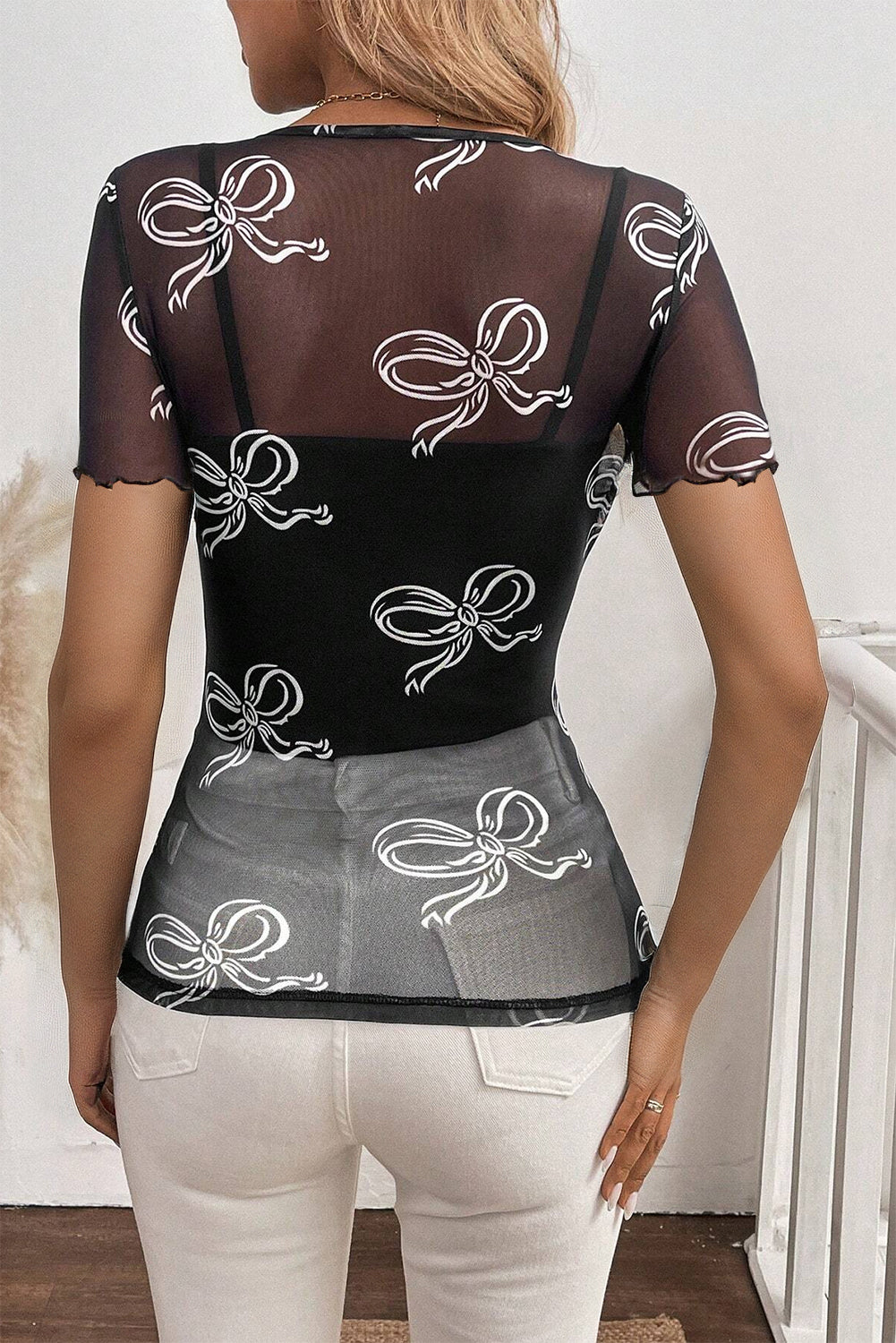 Black Bow Printed Mesh Short Sleeve Top eAura
