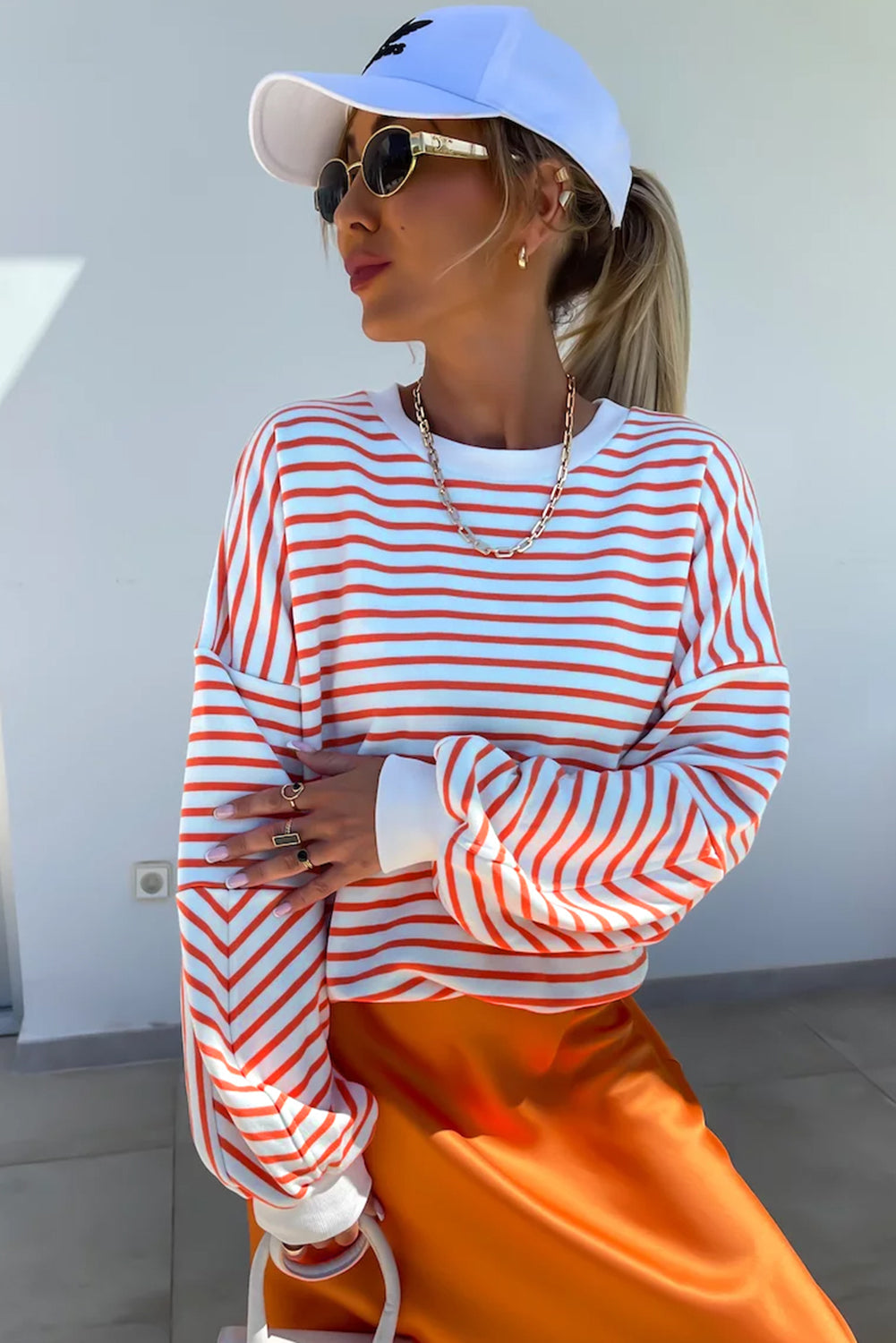 Orange Stripe Drop Shoulder Crew Neck Loose Sweatshirt eAura