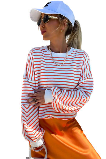 Orange Stripe Drop Shoulder Crew Neck Loose Sweatshirt - Tops/Sweatshirts & Hoodies