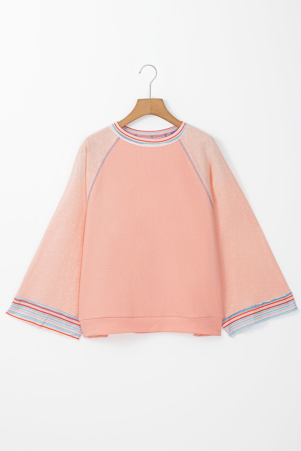 Grapefruit Orange Waffle Knit Wide Bracelet Sleeve Patchwork Raglan Top BB Fashion Outlet