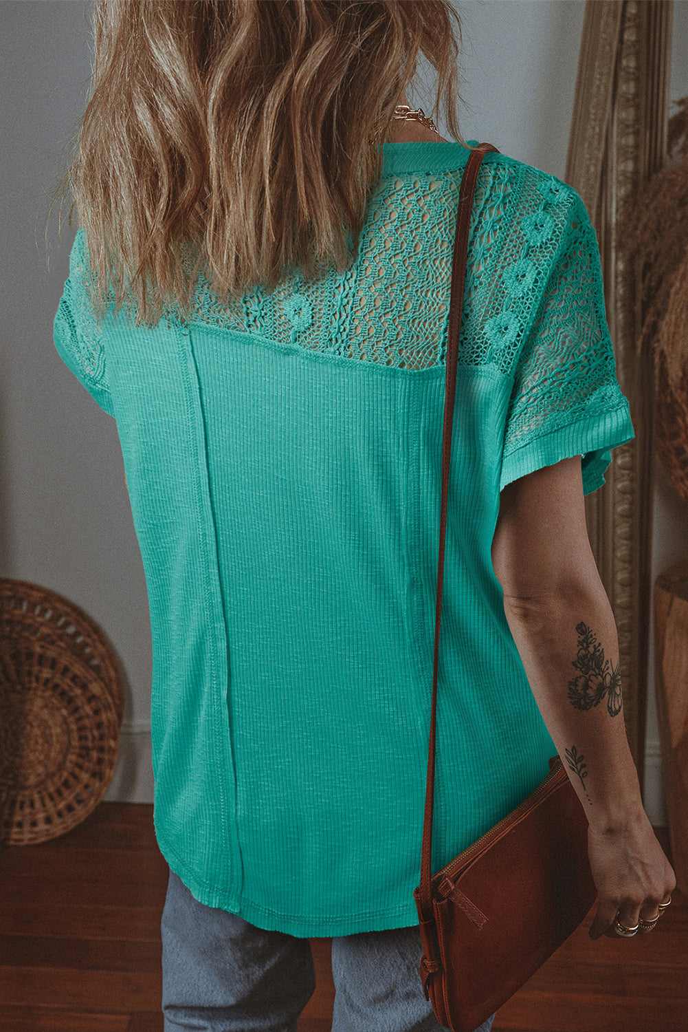 Sea Green Lace Patchwork Split Neck Textured Short Sleeve Blouse eAura