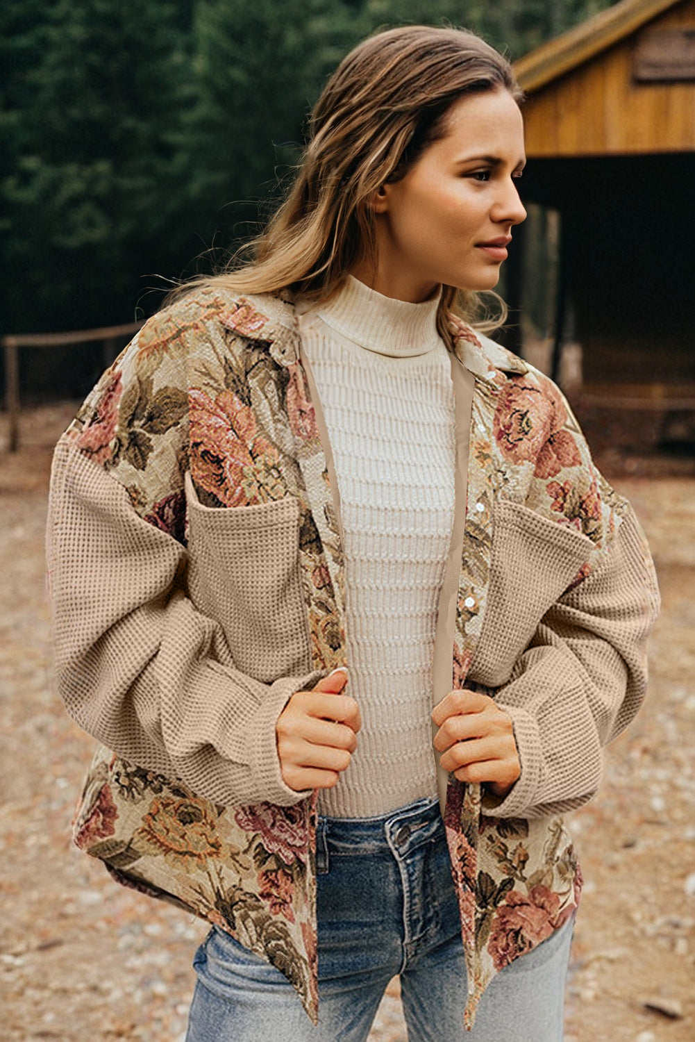 Khaki Floral Waffle Patchwork Chest Pockets Buttoned Jacket eAura