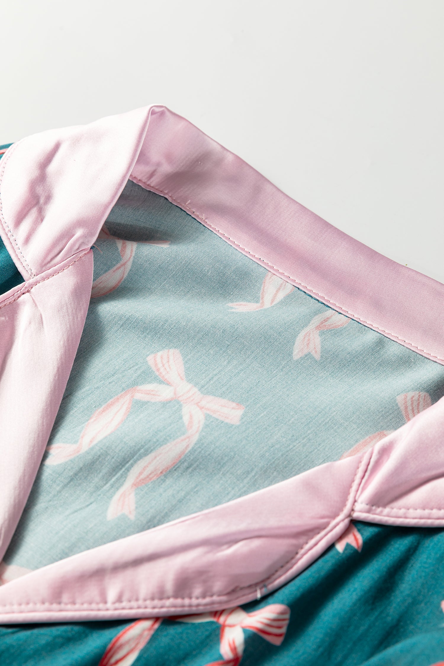 Green Ribbon Bow Print Long Sleeve Shirt and Shorts Pyjama Set - Loungewear & Sleepwear/Sleepwear