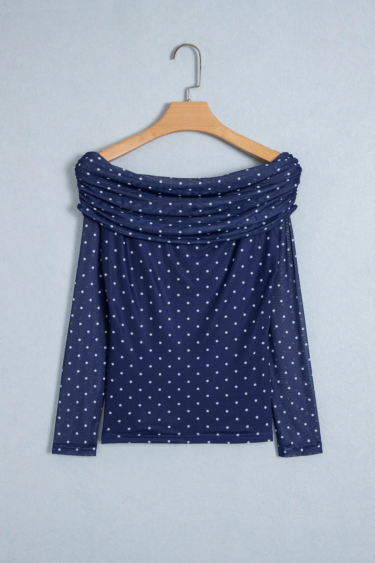 Off Shoulder Polka Dot Mesh Long Sleeve Sheath Top – Blue