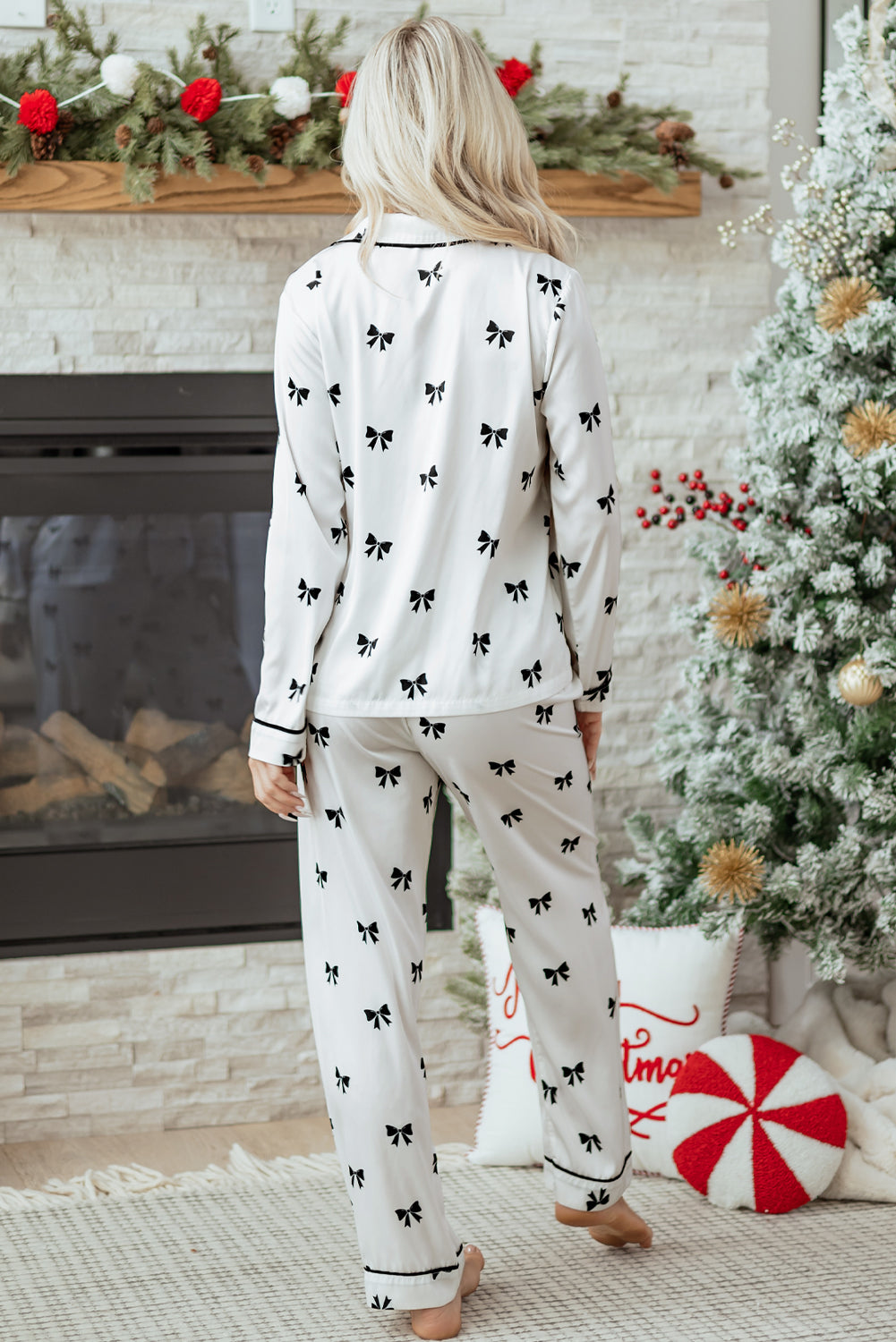 White Bows Print Two Piece Pyjama Set - eAura
