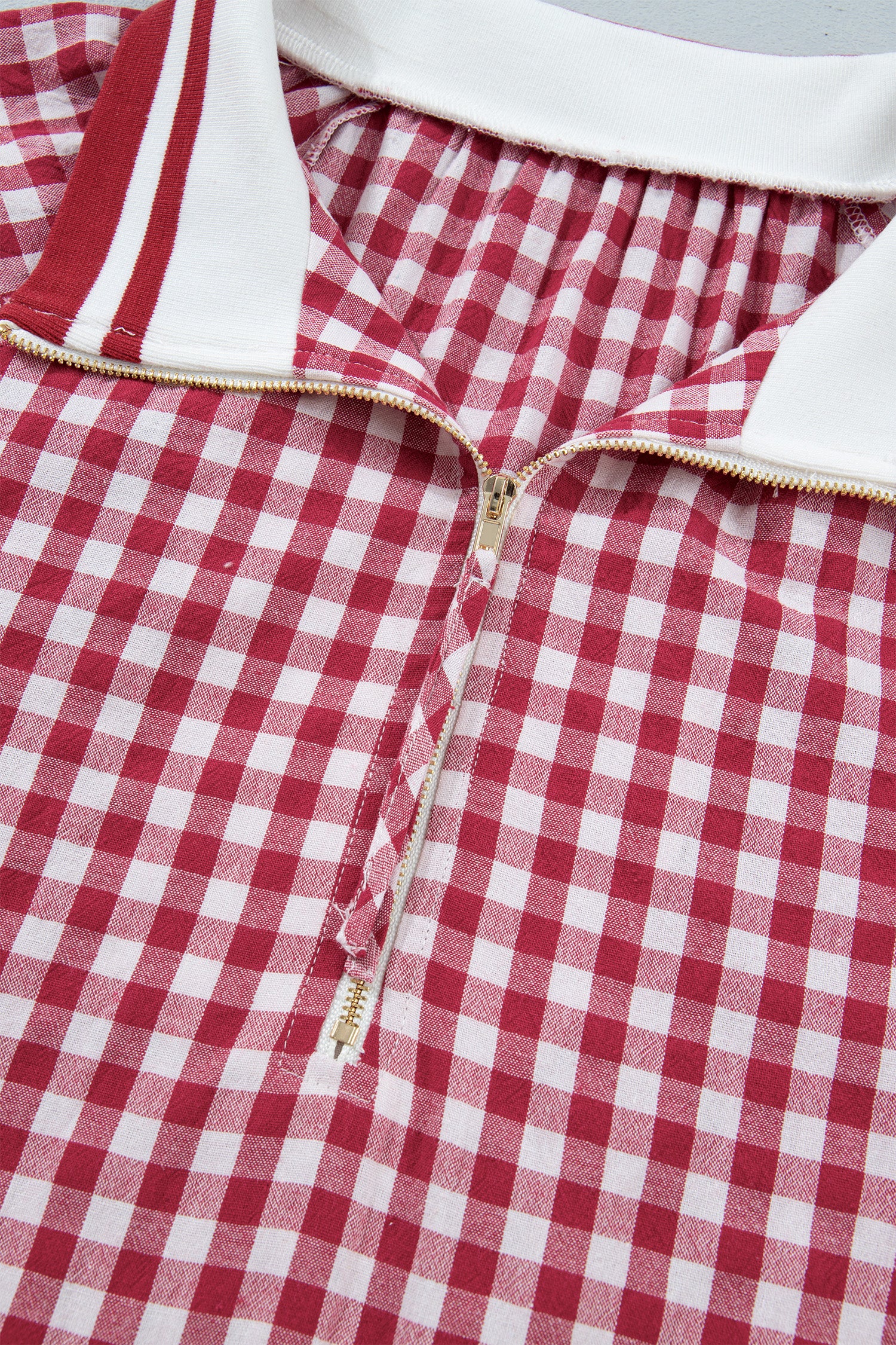 Gingham Striped Patchwork Half Zip Blouse – Red