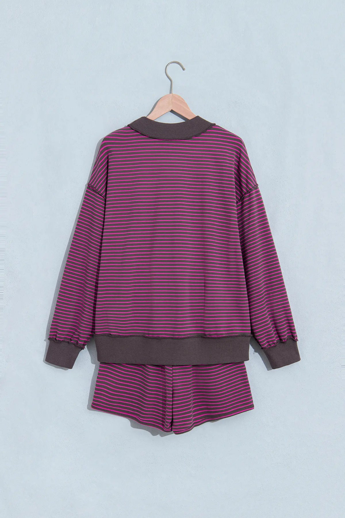 Ribbed Patchwork Mock Neck Baggy Pullover Matching Shorts Set – Blue Stripe