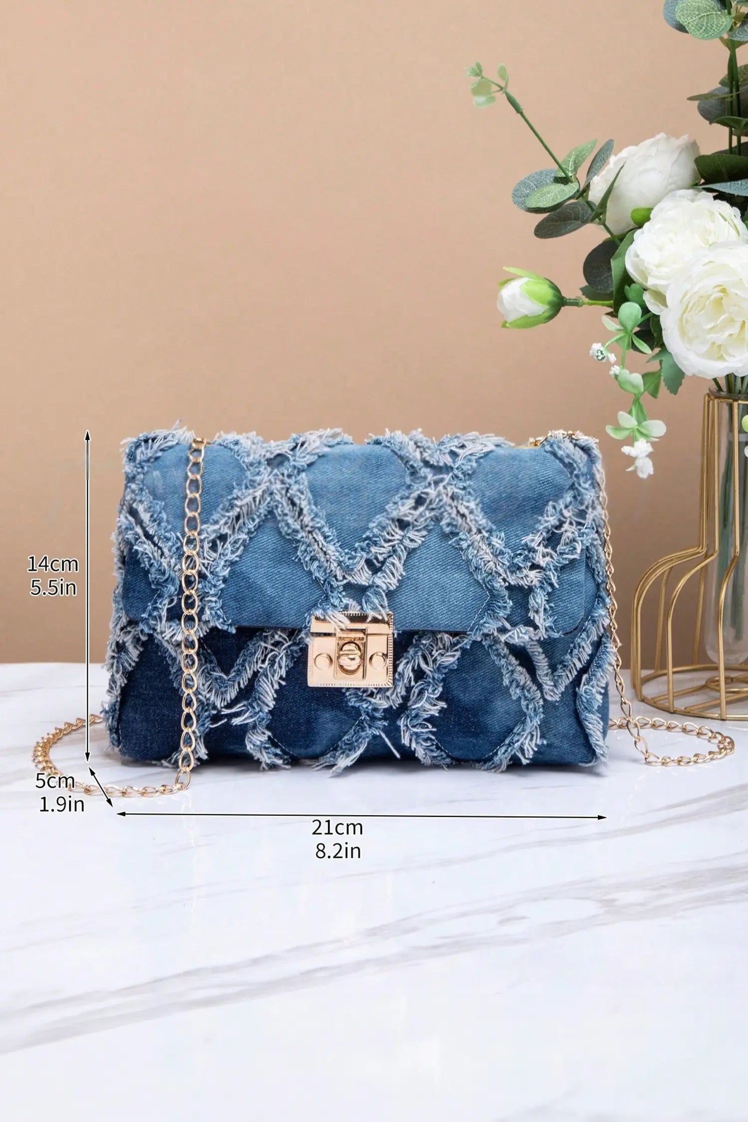 Blue Distressed Lattice Denim Chain Strap Shoulder Bag