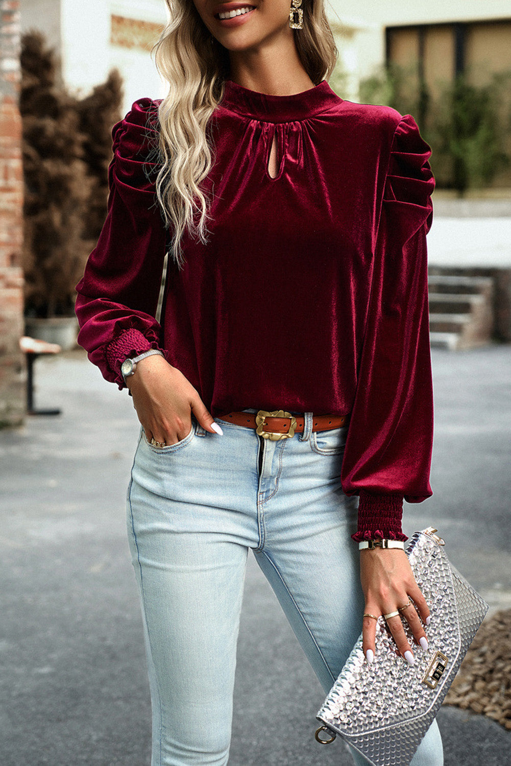 Sky Blue Fiery Mock Neck Puff Sleeve Velvet Blouse Beagle Boutique Fashion Outlet