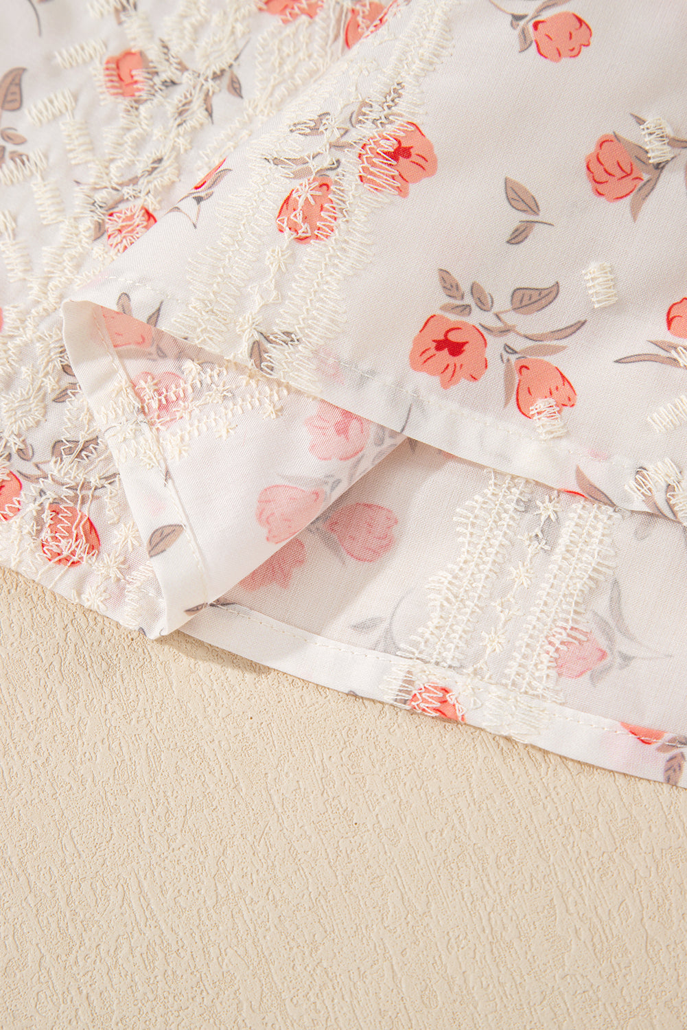 Pink Floral Print Embroidery Detail Crochet Cap Sleeve Blouse eAura