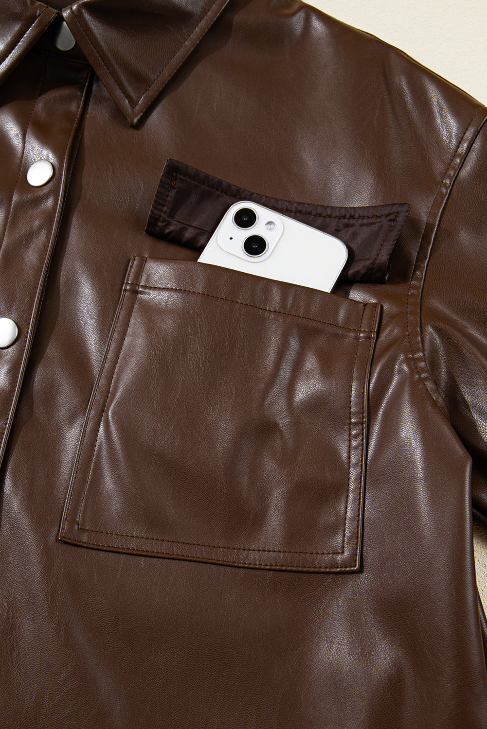 Brown Double Flap Pocket Drawstring Hem Leather Jacket eAura