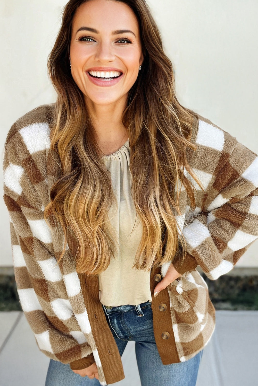 Checkered Sherpa Oversized Cardigan with Pockets Dear-Lover Dropshipping