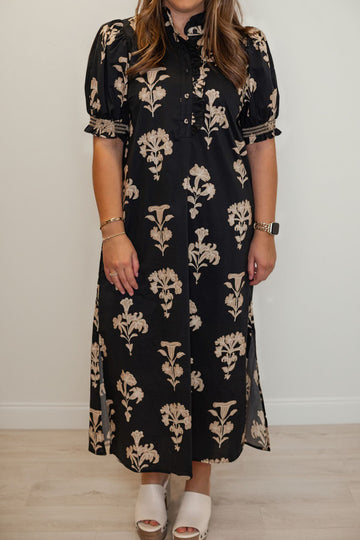Floral Print Frilled Collar Short Puff Sleeve Plus Size Maxi Dress
