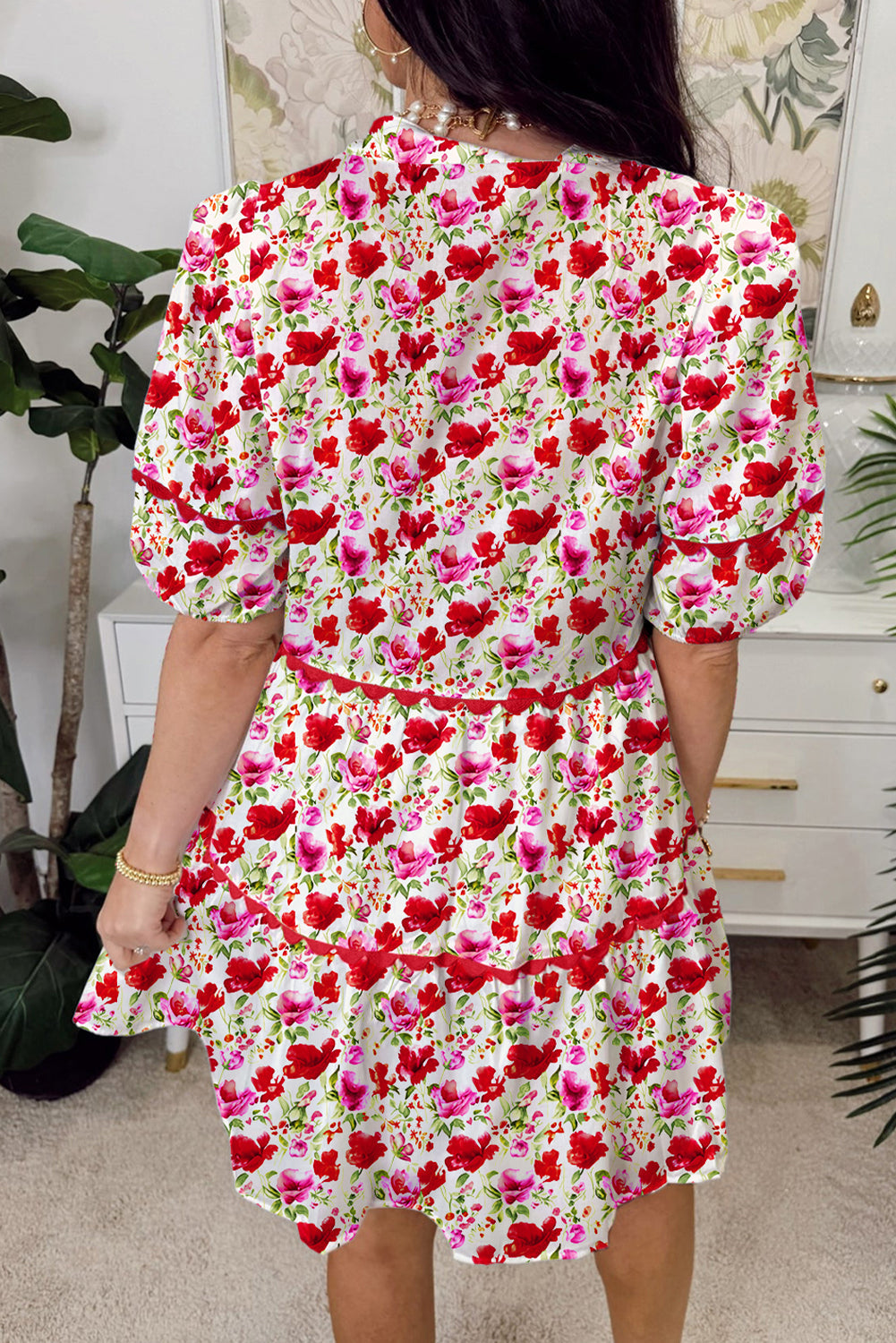 Puff Sleeve Tiered Ric Rac Pocketed Mini Dress eAura