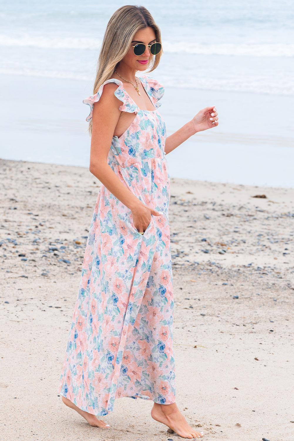 Pink Floral Print Square Neck Backless Long Dress with Slit eAura