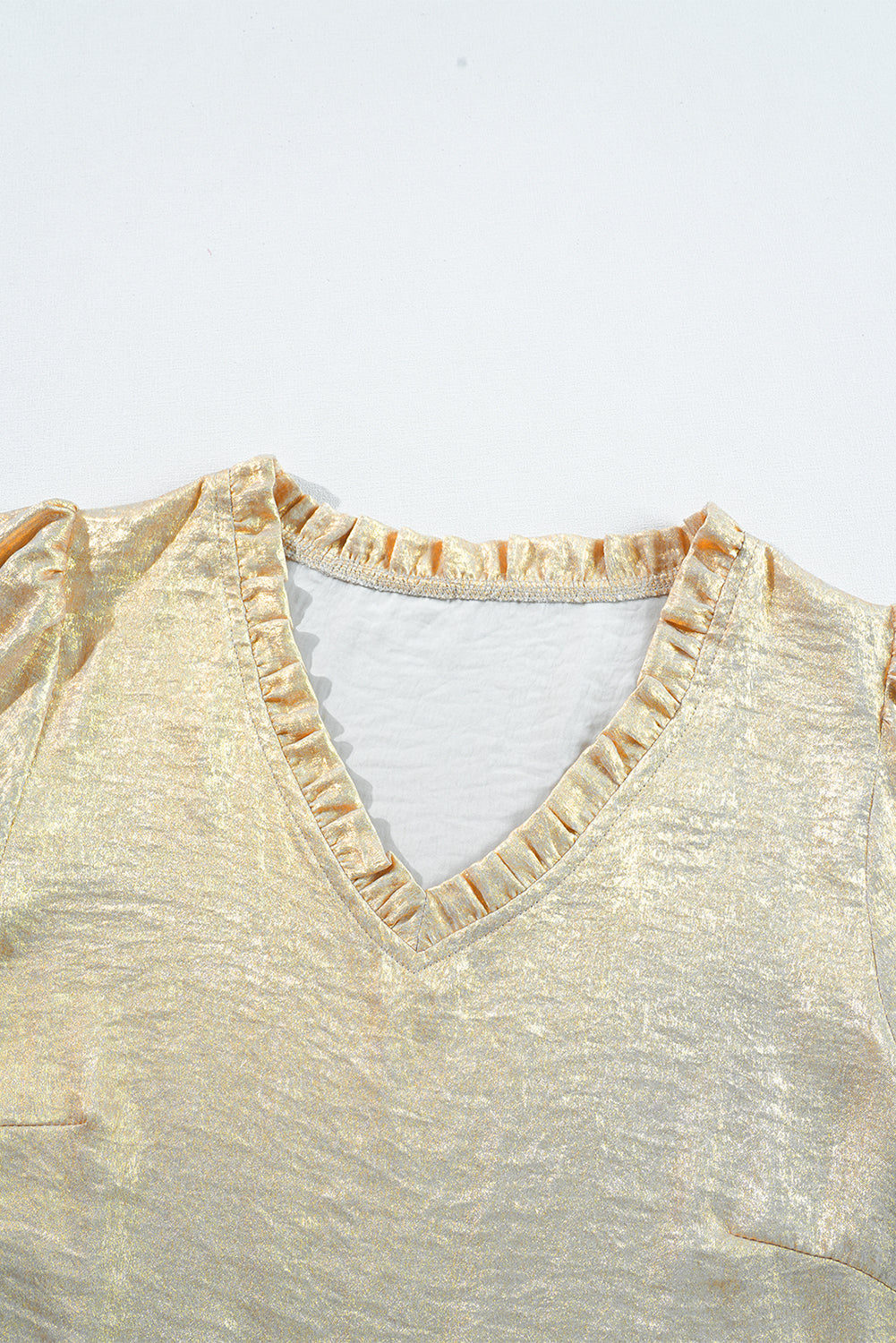 Gold Metallic Frilled V Neck Puff Sleeve Babydoll Blouse Beagle Boutique Fashion Outlet
