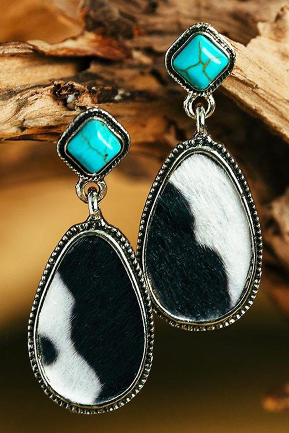 Black Cow Print Turquoise Drop Earrings eAura
