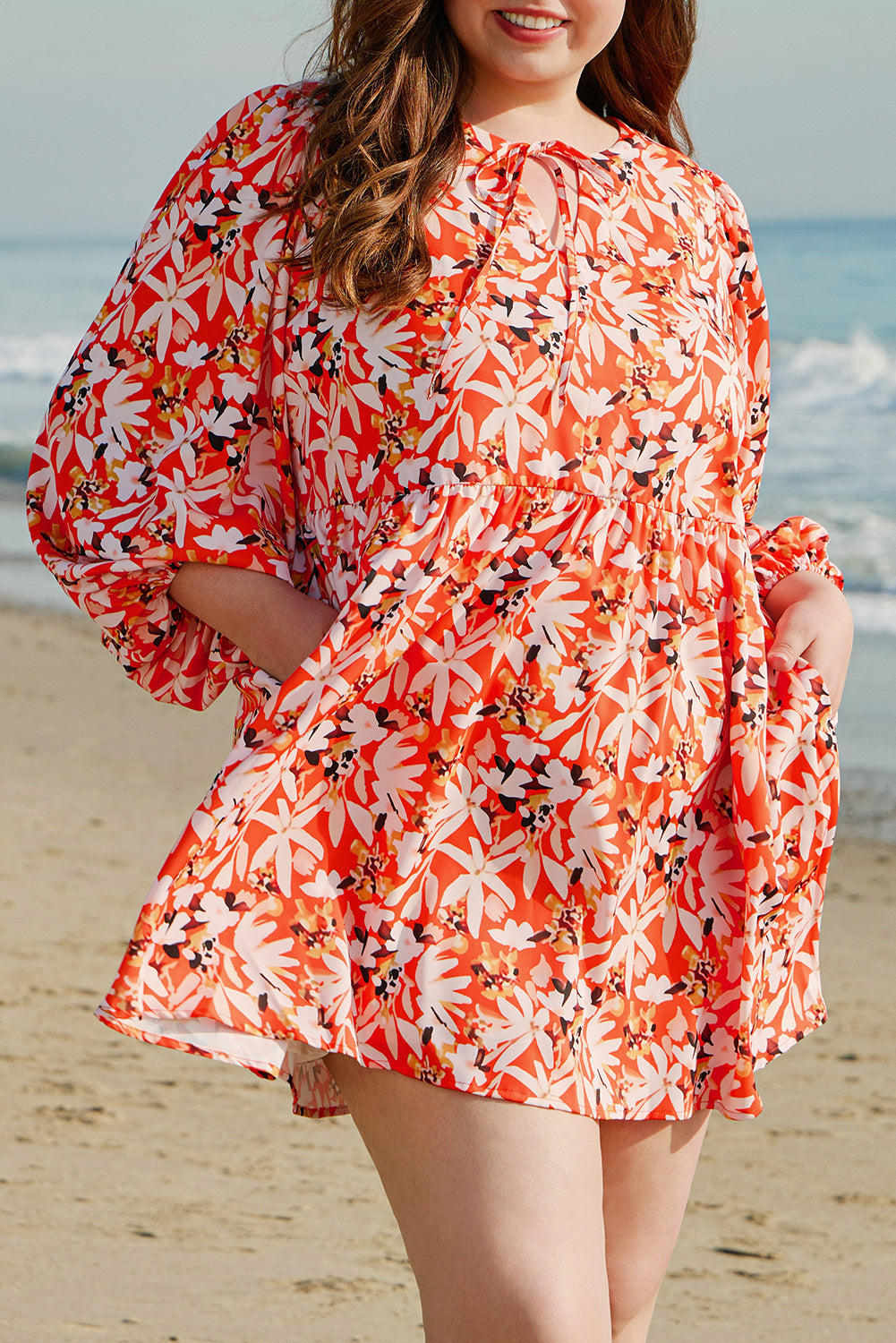 Orange Floral Print Split V Neck Bubble Sleeve Plus Size Midi Dress BB Fashion Outlet