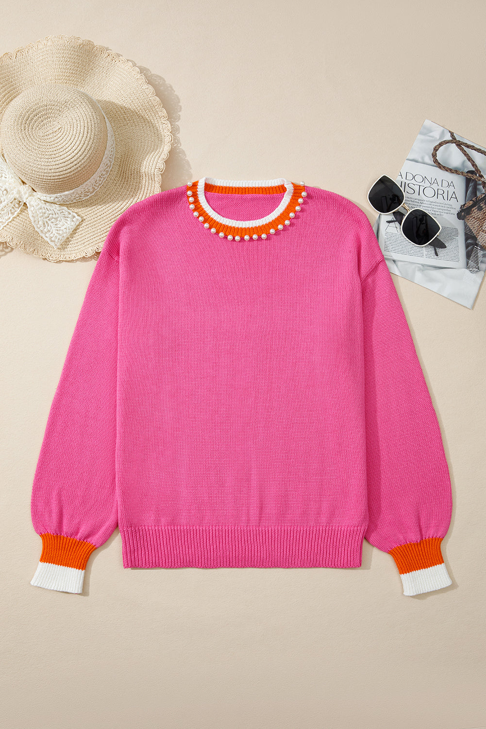 Contrast Crew Neck Pearled Decor Knit Sweater - eAura