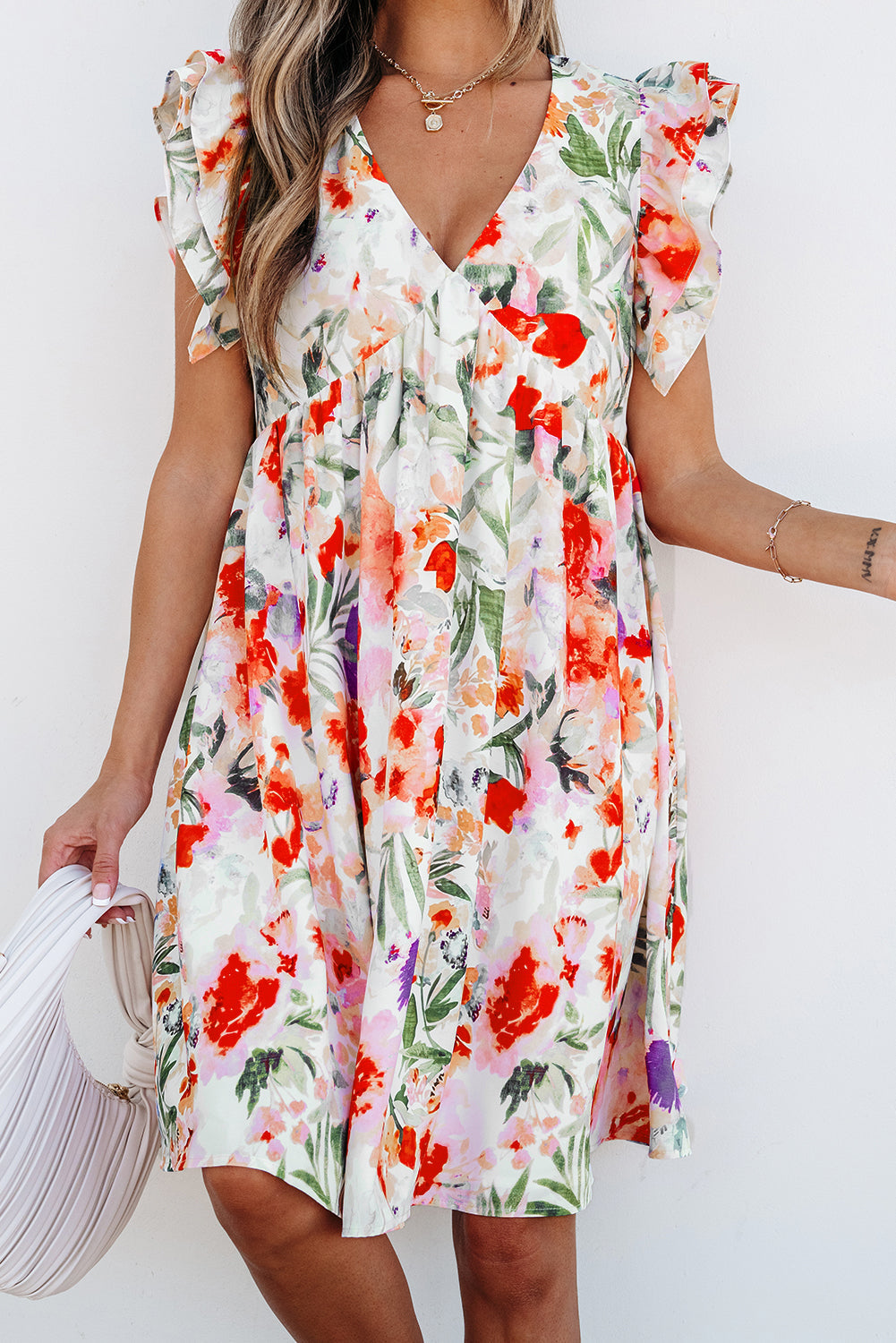 Pink Floral Double Ruffle Sleeve V Neck High Waist Mini Dress eAura