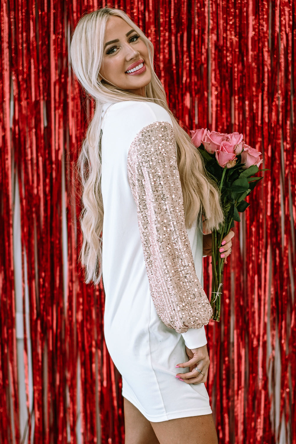 White Sequin Puff Sleeve Shift Mini Dress eAura