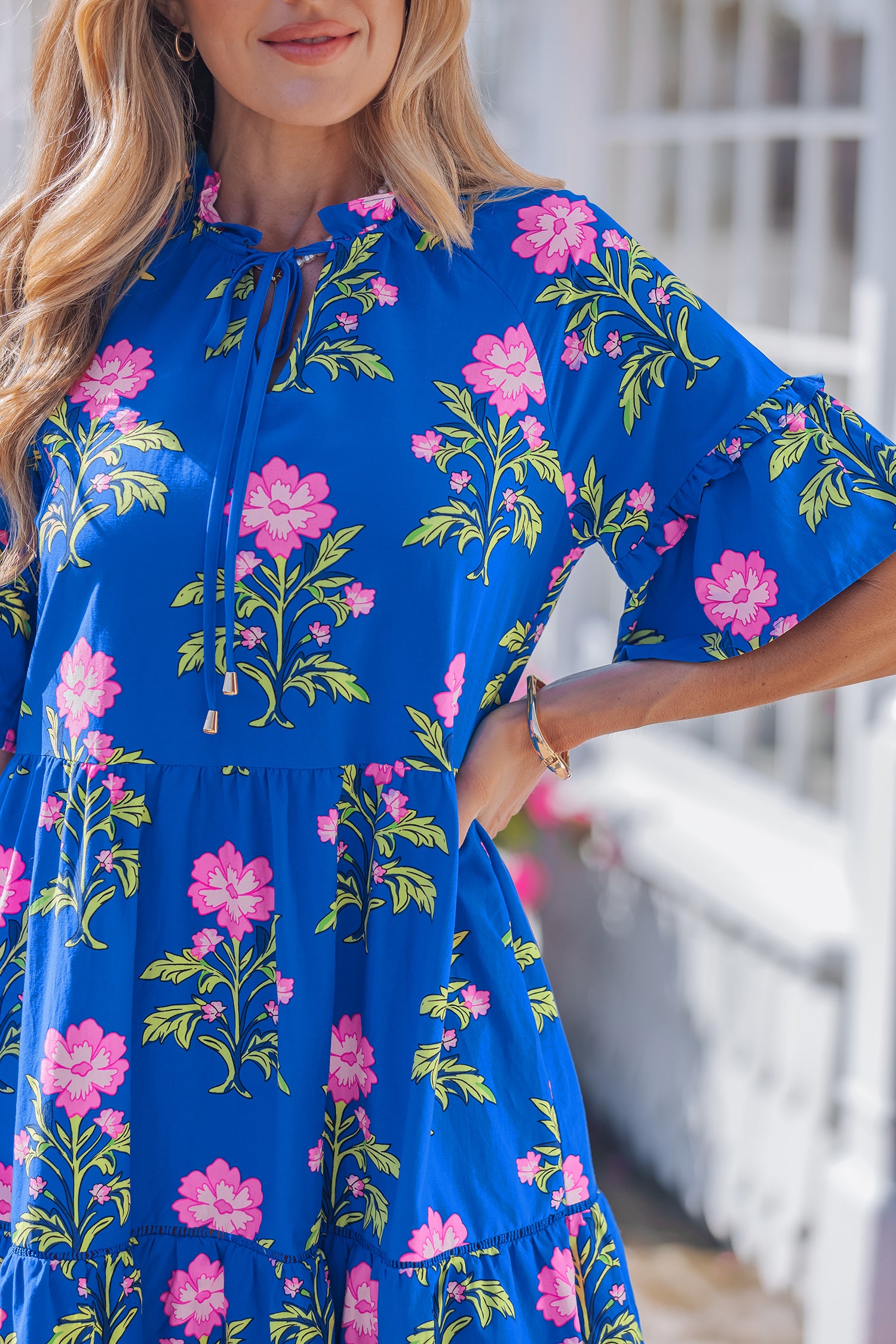 Floral Print V-Neck Ruffle Sleeve Loose Mini Dress