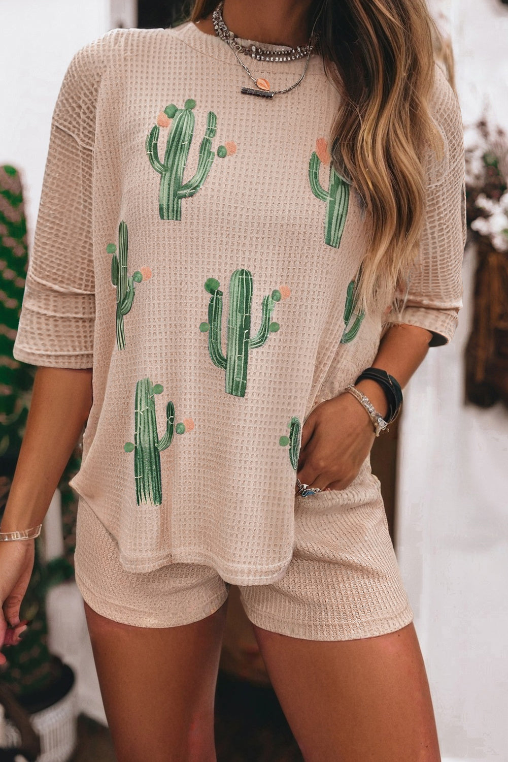 Light French Beige Cactus Forest Waffle Tee Short Co-ord Set eAura
