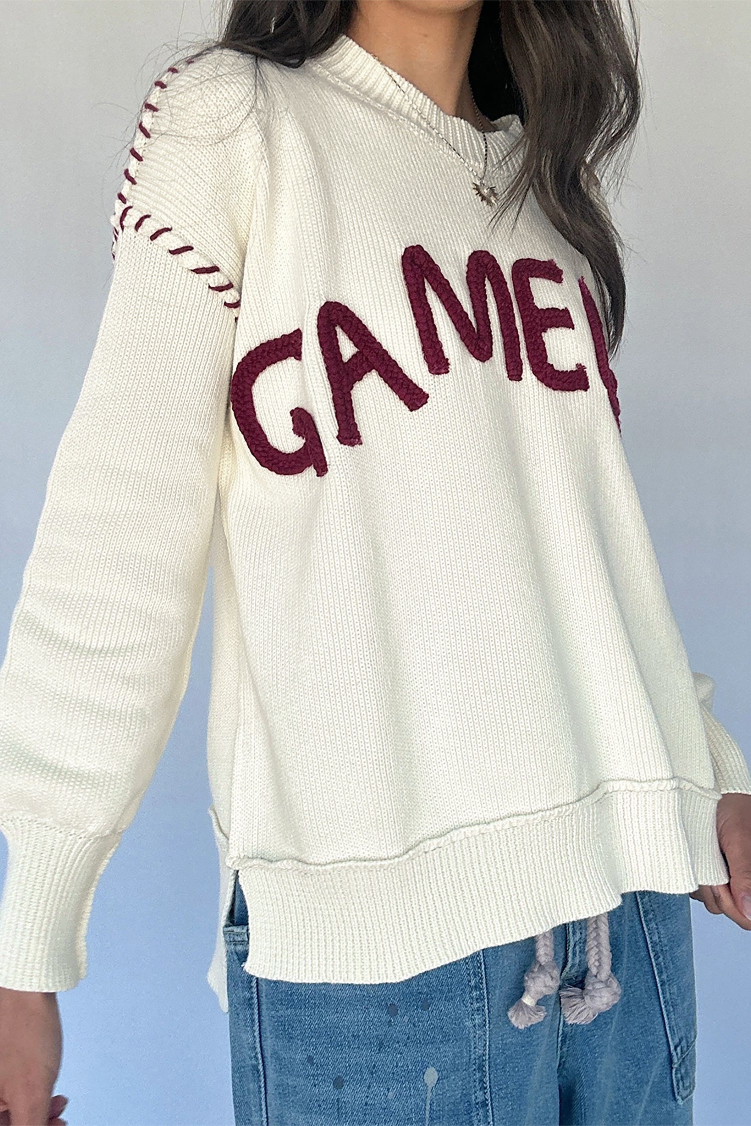 Drop Shoulder Game Day Letter Print Pullover Sweater – Beige