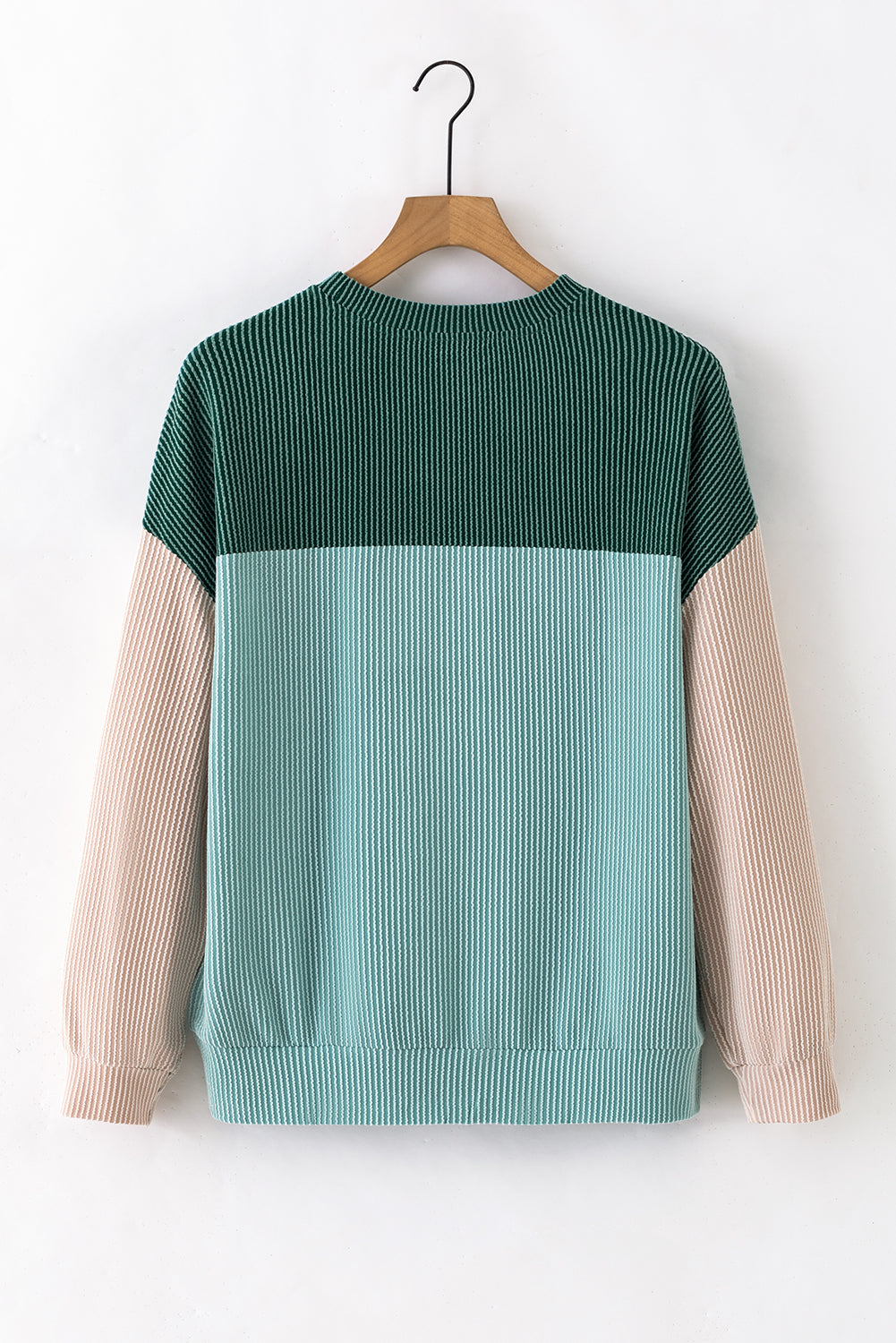 Khaki Colour Block Long Sleeve Ribbed Loose Top eAura