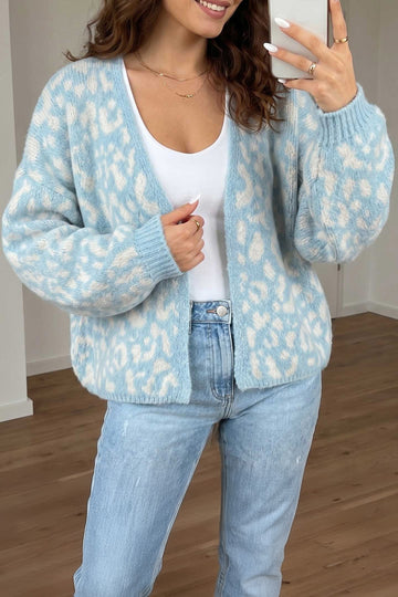 Leopard Print V Neck Long Sleeve Loose Fit Knit Cardigan – Light Blue
