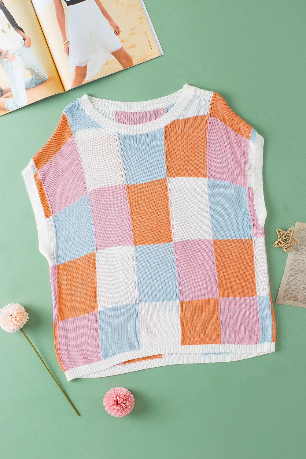 Grapefruit Orange Colour Block Cap Sleeve Sweater eAura