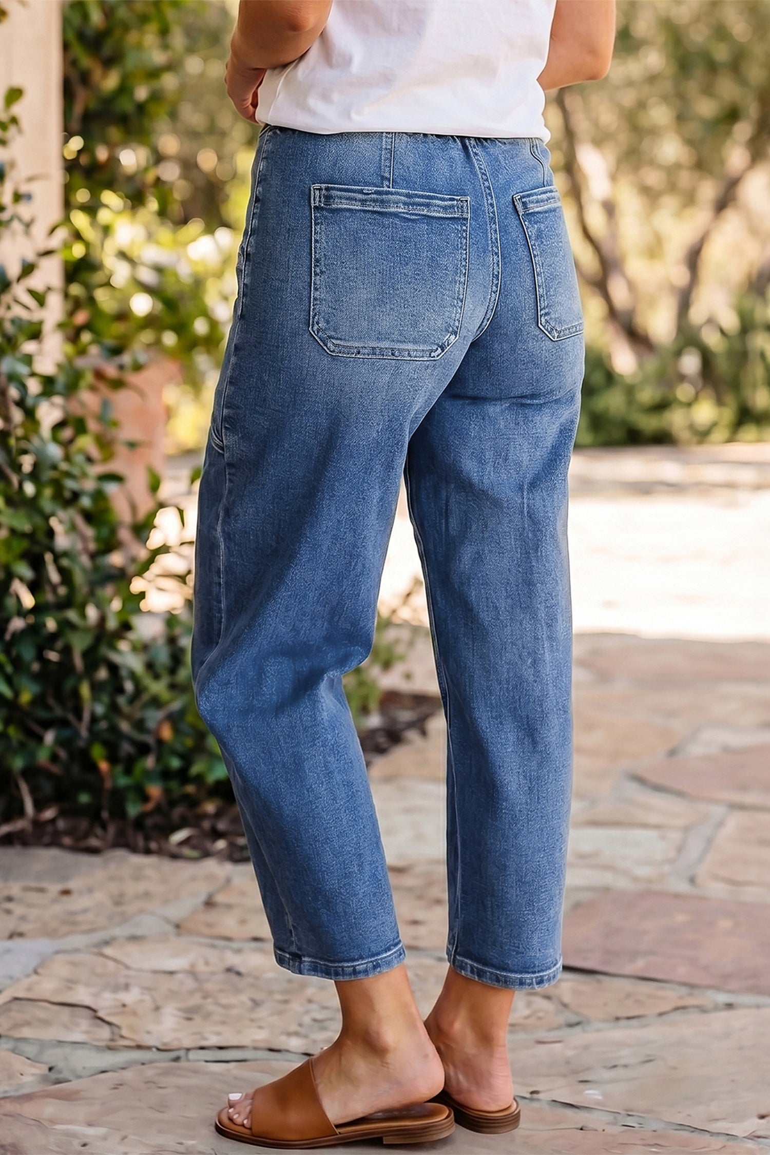 Drawstring Waist Ankle Length Casual Jeans Regular Fit Pocket Detail Denim Pants – Ashleigh Blue