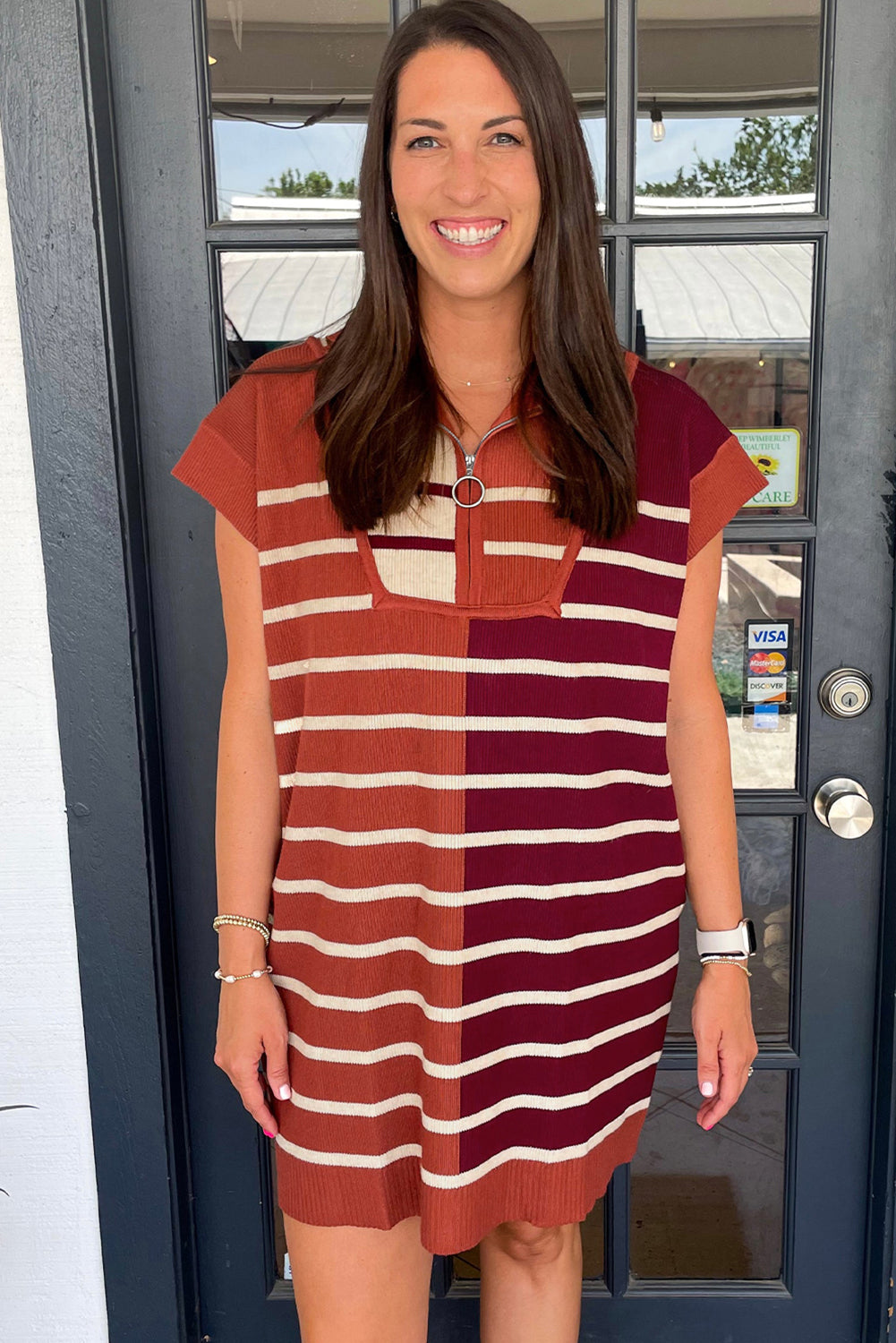 Brown Stripe Colour Block Quarter Zip Collar Short Sleeve Sweater Dress eAura