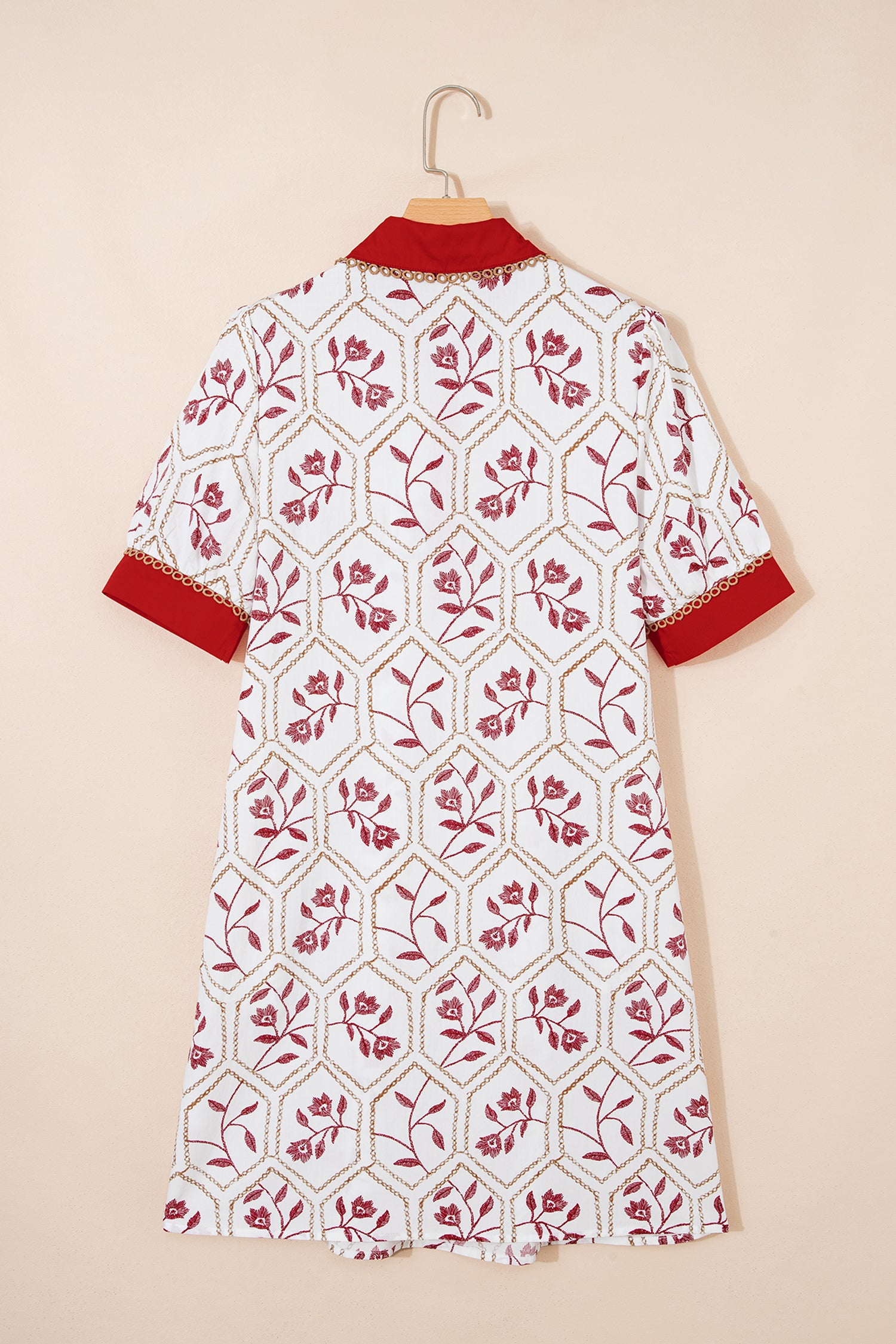 Geometric Floral Print Lace Trim Collared Short Sleeve Mini Dress